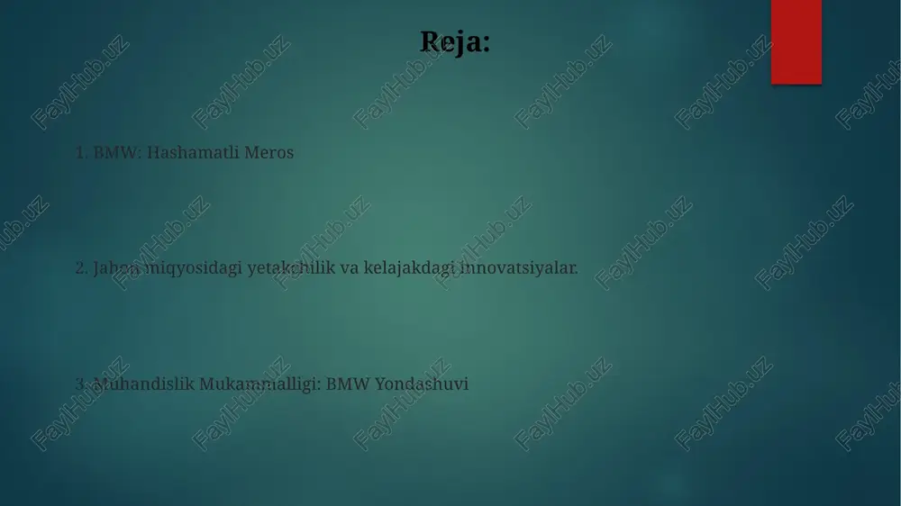 lot portfelini diversifikatsiya qiladi va kengroq mijozlar bazasiga murojaat qiladi. lyuksik avtomobillar: bmw asosan sedanlar, suvlar va sport avtomobillar kabi turli segmentlarda lyuksik avtomobillar ishlab chiqarishga e'tibor qaratadi. raqobat muhiti va strategiyasi bmwning strategiyasi yuqori samaradorlikdagi transport vositalari, ilg'or texnologiyalar va premium brend imidjini o'z ichiga oladi. bmw, mercedes-benz, audi va lexus kabi boshqa hashamatli avtomobil ishlab chiqaruvchilaridan raqobatga duch keladi. e'tiboringiz uchun rahmat @taqdimot_robot image6.jpg image7.jpg image8.jpg image9.jpg image10.jpg image11.jpg image12.jpg image13.jpg image14.jpg image15.jpg image16.jpg image17.jpg image2.png image3.png image4.png image5.png