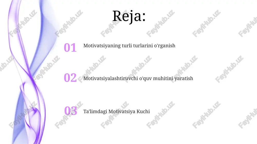 ijobiy o'quv muhitini yaratadi va o'quv yutuqlarini rag'batlantiradi. motivlangan talabalar o'qishda davom etish va to'liq salohiyatlarini ochish ehtimoli yuqori. motivatsiya talabalarning jalb qilinishini va o'rganishini rag'batlantiradi. e'tiboringiz uchun rahmat @taqdimot_robot image1.jpeg image2.jpeg image3.jpeg