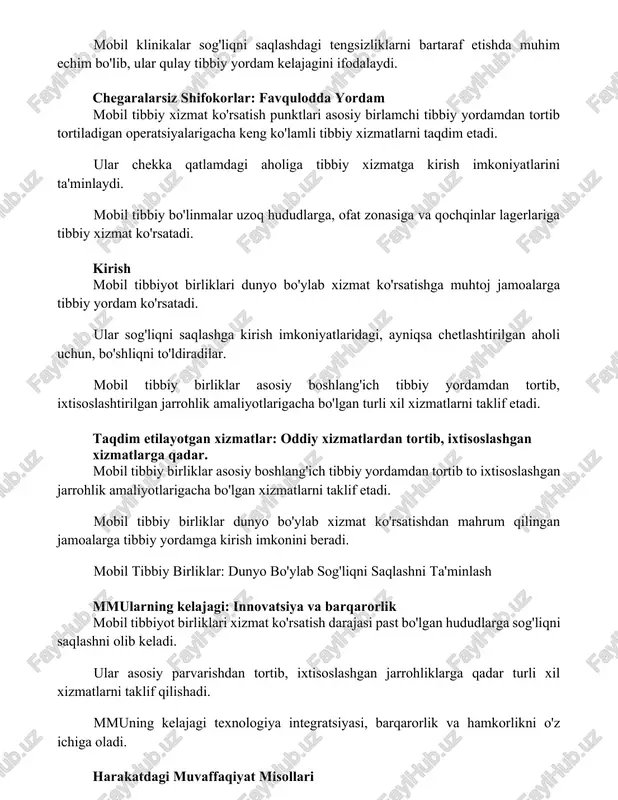 obil tibbiyot birliklari dunyo bo'ylab xizmat ko'rsatishga muhtoj jamoalarga tibbiy yordam ko'rsatadi. ular sog'liqni saqlashga kirish imkoniyatlaridagi, ayniqsa chetlashtirilgan aholi uchun, bo'shliqni to'ldiradilar. mobil tibbiy birliklar asosiy boshlang'ich tibbiy yordamdan tortib, ixtisoslashtirilgan jarrohlik amaliyotlarigacha bo'lgan turli xil xizmatlarni taklif etadi. taqdim etilayotgan xizmatlar: oddiy xizmatlardan tortib, ixtisoslashgan xizmatlarga qadar. mobil tibbiy birliklar asosiy boshlang'ich tibbiy yordamdan tortib to ixtisoslashgan jarrohlik amaliyotlarigacha bo'lgan xizmatlarni taklif etadi. mobil tibbiy birliklar dunyo bo'ylab xizmat ko'rsatishdan mahrum qilingan jamoalarga tibbiy yordamga kirish imkonini beradi. mobil tibbiy birliklar: dunyo bo'ylab sog'liqni saqlashni ta'minlash mmularning kelajagi: innovatsiya va barqarorlik mobil tibbiyot birliklari xizmat ko'rsatish darajasi past bo'lgan hududlarga sog'liqni saqlashni olib keladi. ular asosiy parvarishdan tortib, ixtisoslashgan jarrohliklarga qadar turli xil xizmatlarni taklif qilishadi. mmuning kelajagi texnologiya integratsiyasi, barqarorlik va hamkorlikni o'z ichiga oladi. harakatdagi muvaffaqiyat misollari c.u.r.e loyihasi: rivojlanayotgan mamlakatlarga ko'chma klinikalar va tibbiy jihozlarni yuboradi. chegarasiz shifokorlar: mojaroli hududlar va tabiiy ofatlar zonasida shoshilinch …