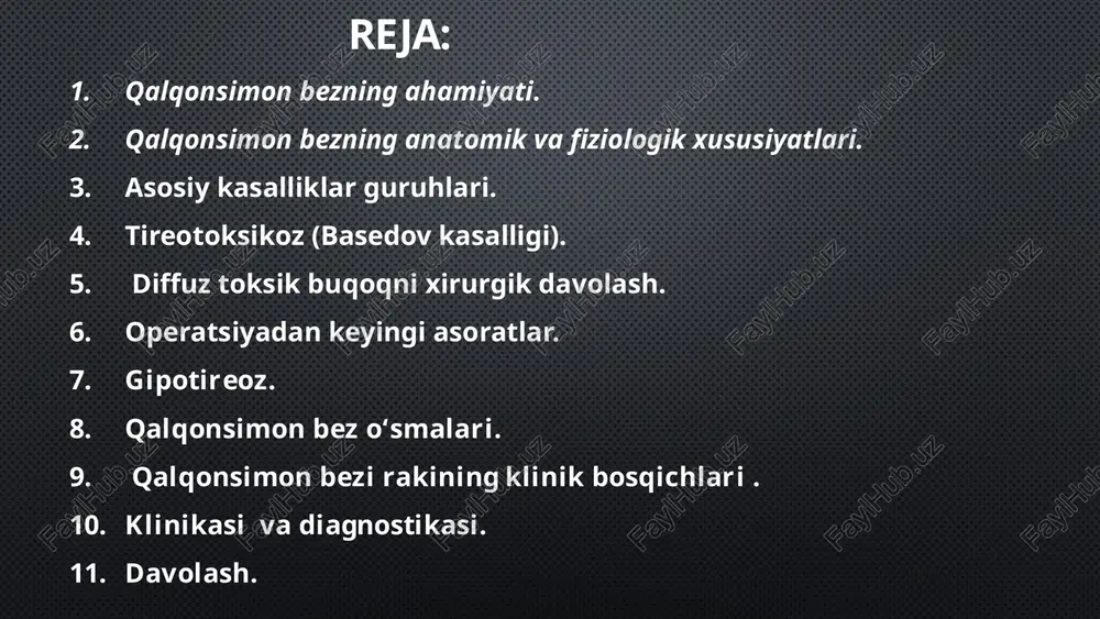 i. 6 tireotoksikoz (basedov kasalligi). ta’rifi: qalqonsimon bez gormonlarining ortiqcha ishlab chiqarilishi natijasida yuzaga keladigan sindrom. sabablari: avtoimmun jarayon, tsh-retseptorlariga qarshi antitanalar. klinik belgilari: yurak urishi tezlashishi (taxikardiya). issiqni ko‘tara olmaslik, ko‘p terlash. ko‘zlarning chaqchayishi (ekzoftalm). vazn kamayishi, qo‘llarning titrashi. asoratlari: tireotoksik kriz, yurak yetishmovchiligi. davolash: medikamentoz (tirostatiklar: merkazolil, propitsil). radioaktiv yod terapiyasi. jarrohlik (subtotal tireoidektomiya). 7 tireotoksik buqoqda operatsiyalarni endotraxeal narkoz ostida boshqariluvchi sun’iy nafas olish yo’li bilan bajargan ma’qulroq, bunda bemor osoyishta sharoitda operatsiya qilinadi, ruhiy shikastlarning oldi olinadi, barqaror arterial bosim va normal nafas olish ta’minlanadi. tireotoksikozning og’ir turlarida, ayniqsa asab buzilishi chuqur kechayotganda, bemorni operatsiya xonasiga uxlagan holda olib kirilishi, bemor uchun katta ahamiyatga ega. diffuz toksik buqoqda, qalqonsimon bezni o.v. nikolaev taklif etgan usul bo’yicha – subtotal subfastsial strumektomiya amaliyotini bajarish – eng radikal usullardan biri hisoblanadi. bunda bez to’qimasining traxeya oldidagi har bir bo’lagidan ≈ 4-8 grammgacha kattalikdagi qismi qoldiriladi. qolgan ko’pchilik usullar (drachinskaya, …