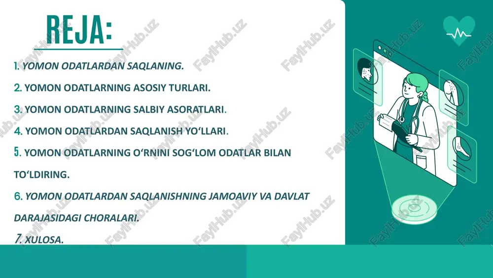adi. umr davomiyligi qisqaradi. ✅ ijtimoiy zarar oilaviy ajrimlar, yaqinlar bilan nizolar. jamiyatdagi ijtimoiy beqarorlik. ✅ moliyaviy zarar davolanish uchun katta xarajatlar. ish qobiliyatining yo‘qolishi tufayli daromad kamayishi. yomon odatlardan saqlanish yo‘llari. 1️⃣ sog‘lom turmush tarzini shakllantirish. sport bilan shug‘ullanish. foydali mashg‘ulotlarga vaqt ajratish. to‘g‘ri ovqatlanish. 2️⃣ atrof-muhitni to‘g‘ri tanlash. yaxshi do‘stlar davrasida bo‘lish. oilada o‘zaro hurmat va mehr-muhabbatni kuchaytirish. 3️⃣ ma'rifatli bo‘lish. yomon odatlarning zararli oqibatlari haqida ma’lumotlarga ega bo‘lish. o‘zini-o‘zi nazorat qilish, irodani mustahkamlash. 4️⃣ davolash va maslahat olish. zarurat bo‘lsa, mutaxassis (psixolog, narkolog) yordamini olish. reabilitatsion markazlarga murojaat qilish. yomon odatlarning o‘rnini sog‘lom odatlar bilan to‘ldiring. ➡ kitob o‘qish ➡ sport va jismoniy tarbiya ➡ musiqa, rasm chizish, bog‘dorchilik kabi sevimli mashg‘ulotlar ➡ ko‘ngilli ishlar va jamiyatga foydali bo‘lish chekishga yo’q deymiz!!! yomon odatlardan saqlanishning jamoaviy va davlat darajasidagi choralari. antitobacco va antialkogol kampaniyalari. o‘quv yurtlarida sog‘lom turmush tarzi bo‘yicha tarbiyaviy ishlar. reklama va ommaviy axborot vositalari …