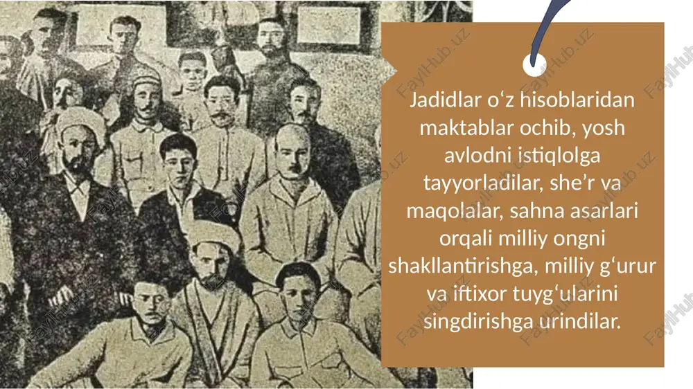 erkin gaplasha olar edilar. dastlab gaspirali buxoroga kelgach, amir abdulahadni jadid maktabi ochishga ko'ndiradi. bu maktabga «muzaffariya» nomi beriladi. shundan keyin 1899 yilda andijonda shamsuddin domla, 1901 yilda qo'qonda saloxiddin domla, toshkentda munavvarqori abdurashidxonov va samarqandda abduqodir shakuriylar birinchi bo'lib jadid maktablarini ochadilar 5 yoshlari taʼlimi jadidlarning yoshlarni chet elda oʻqishga sharoit yaratishga harakati jadidlar orenburg, qozon, ufa, istanbul kabi shaharlarga yoshlarni oʻqishga yuborib, yosh kadrlar tayyorlashga alohida e'tibor beradilar. s. ayniyning yozishicha: «jamiyatning birinchi maqsadi istanbulga o'quvchilar yubormoq chorasiga kirishmoq ediʼʼ. 1909 yili 18 lyunda buxoro yoshlari ʼʼtarbiyai atfolʼʼ nomli xayriya jamiyati tuzadilar va oʻquvchilarni chet elga joʻnatishni yoʻlga qoʻyadi. tahsil olish uchun usmonxo'ja po'latxo'ja o'g'li uning birodari atom xo'ja, mahzum burxon mahzum o'g'li, a. fitrat, istanbulga safar qildilar. 6 yoshlari taʼlimi 1908-yilda qoʻqonda shamsinur jamiyati tuziladi. bu jamiyat yoshlarni bilimli va maʼrifatli qilish hamda ularga madrasalarda aniq va tabiiy fanlar oʻqitilishini ilgari suradi. aynan ushbu jamiyat faollaridan biri …