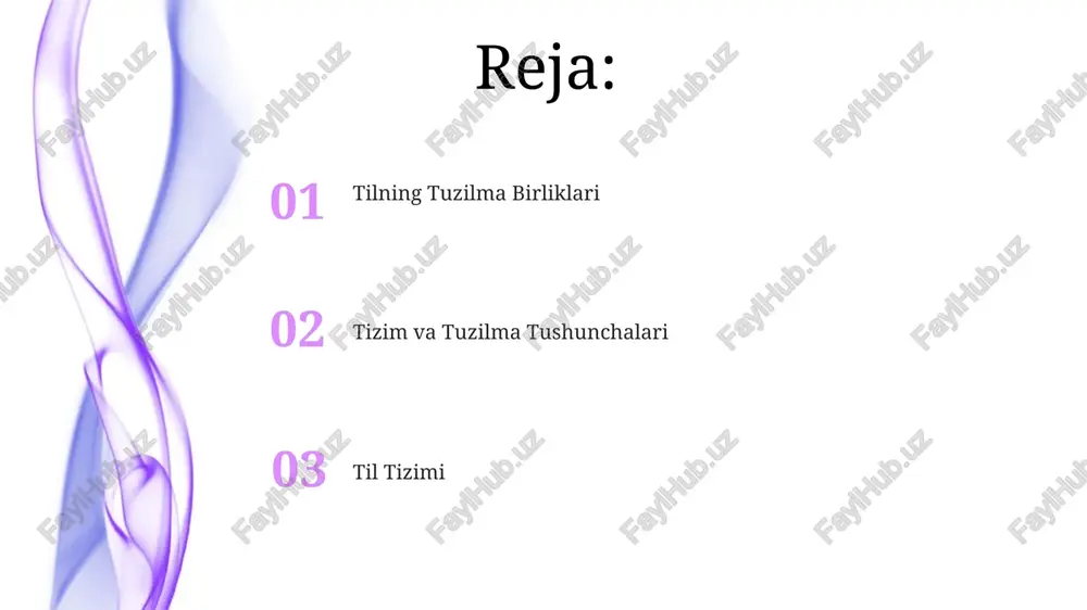 lar. fonemadan gaplargacha bo'lgan ierarxik tashkilot tilning murakkabligini aks ettiradi. birliklar sintagmatik (ketma-ket) va paradigmatik (tanlov) munosabatlar orqali o'zaro ta'sirlashadi. til o'zaro bog'liq bo'lgan birliklar tizimi sifatida tashkil etiladi. misol til birliklari strukturaviy tarzda tashkil topgan, munosabatlar orqali ma'no yaratadi. til - o'zaro bog'liq bo'lgan birliklarga ega murakkab tizim. bu munosabatlar sintagmatik (chiziqli), paradigmatik (tanlovga asoslangan) va ierarxik (darajaga asoslangan) bog'lanishlarni o'z ichiga oladi. tilning tuzilmaviy birliklari bu birliklar (fonemalar, morfemalar, so'zlar, iboralar, gap bo'laklari, jumlalar) ierarxik tarzda tashkil topgan. til - bu o'zaro bog'liq birliklardan iborat tuzilgan tizim. birliklar sintagmatik (chiziqli) va paradigmatik (tanlov) munosabatlar orqali bog'lanadi. til tizimi sifatida til o'zaro bog'liq bo'lgan birliklarning tuzilgan tizimidir. bu birliklar sintagmatik (chiziqli) va paradigmatik (tanlov) munosabatlar orqali o'zaro ta'sir qiladi. fonema, morfema, so'z, iboralar va gaplar kabi birliklar ierarxik darajalarni hosil qiladi. e'tiboringiz uchun rahmat @taqdimot_robot image1.jpeg image2.jpeg image3.jpeg