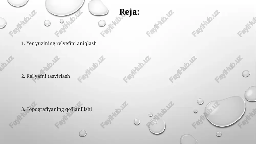 h va tasvirlashdir. xulosa: relefning ahamiyati topografiya drenaj tizimlariga, tuproq hosil boʻlishiga va bioxilma-xillikka taʼsir qiladi. topografiya landshaftlarni shakllantiradi va inson faoliyatiga ta'sir qiladi. topografiyani tushunish qishloq xoʻjaligi, shaharsozlik va ofatlarni boshqarish kabi turli sohalar uchun juda muhim. topografik xaritalar va ularning qo'llanilishi ular navigatsiya, yerni rivojlantirish, resurslarni boshqarish va ilmiy tadqiqotlar kabi turli maqsadlar uchun ishlatiladi. topografik xaritalar yer yuzasini balandlik, shakl va xususiyatlarni ko'rsatish uchun kontur chiziqlardan foydalangan holda tasvirlaydi. yer yuzidagi tabiiy va sun'iy xususiyatlarning, jumladan, balandlik, qiyalik va landshaftning joylashuvi topografiya deb ataladi. topografik tahlil: naqshlarni tushunish ilovalar suv oqimi, yashash joyiga moslik va insonlarning joylashish naqshlarini tushunishni o'z ichiga oladi. topografiya yer yuzasi xususiyatlarini, jumladan balandlik, qiyalik va relyef shakllarini tasvirlaydi. topografik tahlil bu naqshlarni o'rganadi va landshaft bilan turli xil hodisalar o'rtasidagi bog'liqliklarni ochib beradi. topografiya: kirish topografiya tabiiy dunyoning turli jihatlarini, shu jumladan, drenaj tizimlarini, tuproq turlarini va bioxilma-xillikni tushunish uchun muhimdir. yer …