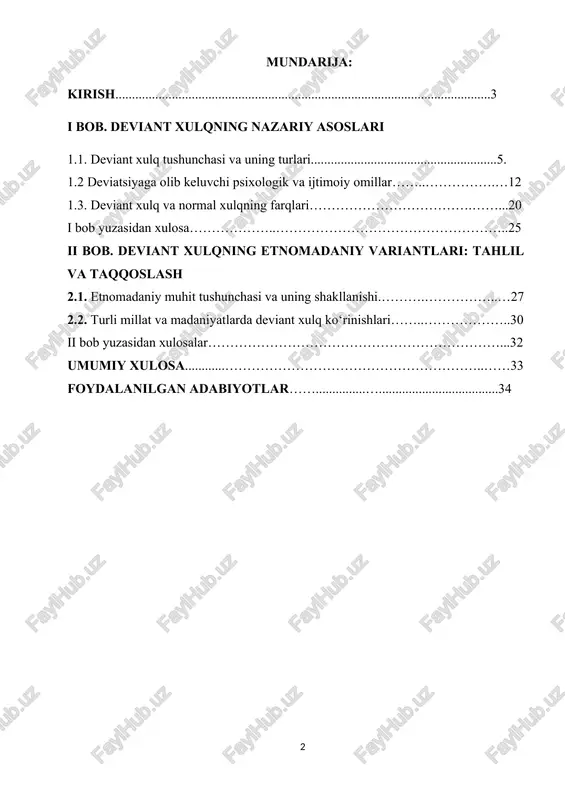 og`i lozim. faqat shu vazifagina psixologiyani tirik va kerakli fanga aylantirishi mumkin». bugungi globallashuv va madaniy xilma-xillik sharoitida turli millat, madaniyat va etnik guruhlarga mansub odamlar bir makonda yashab, o‘zaro muloqot qilmoqda. bu jarayon, bir tomondan, jamiyatda madaniyatlararo boyish va integratsiyani ta’minlasa, ikkinchi tomondan, qadriyatlar va xulq-atvor normalaridagi tafovutlar sababli ijtimoiy tushunmovchiliklar, deviant xatti-harakatlar yoki konfliktlar paydo bo‘lishi mumkin. deviant xulq — bu jamiyatda qabul qilingan me’yor va qoidalarga zid bo‘lgan harakatlardir. har bir madaniyatda bu me’yorlar o‘ziga xos bo‘lib, bir muhitda ijobiy qabul qilinadigan xulq, boshqa muhitda deviant sifatida talqin qilinishi mumkin. aynan shuning uchun deviant xulqning etnomadaniy variantlarini o‘rganish, ijtimoiy psixologiyada, pedagogikada va madaniyatlararo muloqotda muhim ahamiyat kasb etadi. mazkur mavzuni chuqur o‘rganish nafaqat ijtimoiy moslashuv jarayonlarini yaxshilashga, balki turli madaniy qatlamlar o‘rtasidagi tushunmovchiliklarning oldini olishga, tolerantlikni shakllantirishga ham xizmat qiladi. shu sababli, deviant xulqning etnomadaniy variantlarini tahlil qilish bugungi kunda dolzarb hisoblanadi. kurs ishining maqsadi: deviant xulqning …