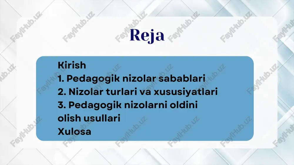 r va qo‘llab-quvvatlovchi xizmatlar stressni kamaytirib, o‘quvchilarning ijtimoiy-emotsional rivojlanishiga xizmat qiladi. shu usullar pedagogik nizolarni oldini olishda samarali hisoblanadi. xulosa pedagogik nizolarni anglash va ularni oldini olish ta’lim jarayonining muhim tarkibiy qismidir. nizolarni vaqtida aniqlash, sabablari va turlarini tushunish, shuningdek, samarali profilaktika usullarini qo‘llash orqali o‘quv muhitida sog‘lom, ijobiy va hamkorlikka asoslangan munosabatlar shakllantiriladi. bu esa o‘quvchilarning psixologik holatini barqarorlashtiradi, o‘qituvchining kasbiy samaradorligini oshiradi va ta’lim sifatini yaxshilaydi. pedagogik nizolarni hal qilish — bu faqat muammo emas, balki tarbiyaviy imkoniyat hamdir. thank you