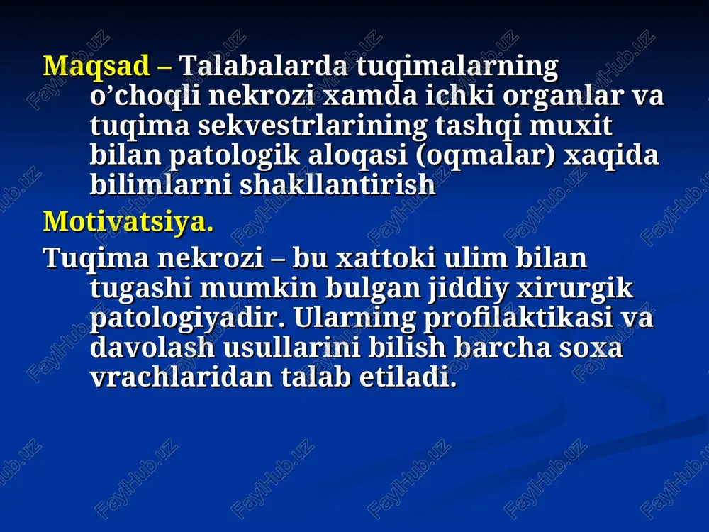 v xarakterga ega. 3. ekologik faktorlar (sovuk xarorat qon tomirlar spazmigaolib keladi, issiq xarorat tuqimalar metabolizmini kuchaytiradi, x- nurlar – qon tomir va tuqima reaktsiyalarini izdan chiqaradi. gangrena– belgilari bo'lgan nekroz: gemoglobinning havo bilan aloqada parchalanishi natijasida organga yoki uning ko'p qismiga zarar etkazilishi va to'qimalarning xarakterli ko'rinishi (qora yoki kulrang-yashil).. gangrenalar klassifikatsiyasi etiologiyasi boʼyicha: qon tomirlarni jaroxatlash yoki bogʼlab quyish; qon tomirlarning bosilishi; tromboz va emboliyalar; termik va kimyoviy travmlar; tuqimalar trofikasining buzilishi; xirurgik infektsiyaning buzilishi; obliteratsiyalovchi endarteriit; obliteratsiyalovchi ateroskleroz; diabetik angiopatiya; spetsifik infektsiya (lues). nospesifik spesifik yalligʼlanish chuqurligiga qarab: yuzaki; chuqur; total. klinik kechishiga kura: quruq gangrena; xoʼl gangreni. anatomik lokalizatsiyasiga koʼra: teri qoplamalarida(dermatozlar); qoʼl va oyoqlarda; ichki organlarda. son yumshoq tuqimalarning travmatik nekrozi. (transport travmasi) oʼai-iiib. oyokning ishemik gangrenasi oʼai-iiib. oyokning ishemik xoʼl gangrenasi oyoqning anaerob noklostridial gangrena oyoqning tarqalgan gangrenasi ichki organlar gangrenasi ichak qovuzloklari nekrozi tugun xosil bo`lishi ingichka ichakning buralib qolishi gangrena sabablari quruq …
