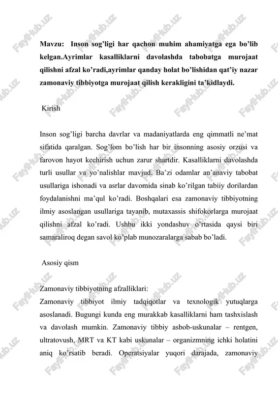 straktlari asosida yaratilgan. tabobat odatda yon ta’siri kam va organizmga yumshoqroq ta’sir qiladi. oddiy shamollash, bosh og’rig’i yoki ovqat hazm qilish muammolari kabi engil kasalliklarni davolashda tabiiy usullar yaxshi natija berishi mumkin. bundan tashqari, tabobat tanani umumiy mustahkamlash va oldini olish choralarida foydali bo’ladi. tabobatning xavflari va cheklangan imkoniyatlari: biroq tabobatning jiddiy kamchiliklari ham mavjud. tabobat jiddiy kasalliklarni davolashda ojiz qoladi. appenditsit, yurak xurujlari, saraton kasalligi va boshqa og’ir kasalliklarni faqat tabobat bilan davolash mumkin emas va hayot uchun xavfli. tabobatchilar ko’pincha tibbiy ta’limga ega emas va noto’g’ri tashxis qo’yishi mumkin. tabiiy dorilar har doim ham xavfsiz emas – ba’zilari zaharliroq moddalarga ega yoki boshqa dorilar bilan noto’g’ri birikadi. tabobat usullari ilmiy jihatdan tekshirilmagan va ularning samaradorligi isbotlanmagan. to’g’ri yondashuvni tanlash: eng to’g’ri yondashuv – bu ikkalasining oqilona birikmasi. engil kasalliklar va profilaktika uchun tabiiy usullardan foydalanish mumkin. biroq jiddiy simptomlar paydo bo’lganda, darhol malakali shifokorga murojaat qilish kerak. zamonaviy …