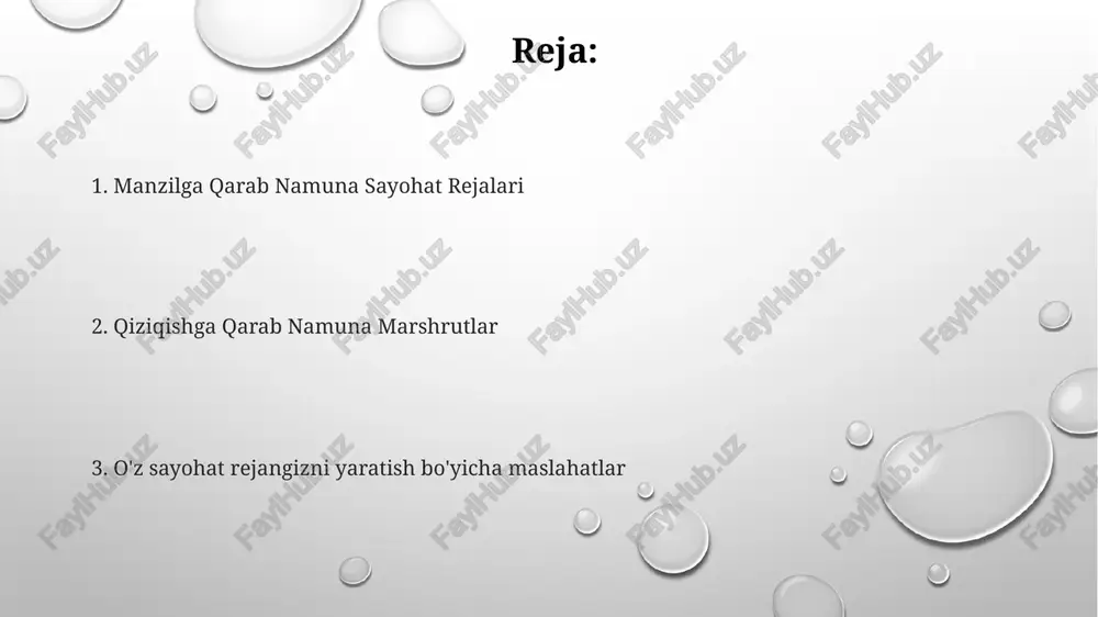 h. samarali byudjet yaratish bo'yicha maslahatlar: ehtiyojlaringizni hisobga oling, realistik maqsadlar qo'ying va taraqqiyotingizni kuzatib boring. sayohat marshrutlarini nima uchun ishlatish kerak? sayohat rejangizni manfaatlaringiz, byudjetingiz va sayohat uslubingizga moslashtiring. sayohatingizni rejalashtiring, xohlagan narsalaringizni ko'ring va vaqt hamda pulni tejang. parij, tokio va amalfi qirg'og'i kabi turli xil joylarga namunaviy sayohat rejalari. jamoa ro'yxati sayohat uchun zarur buyumlar ro'yxati: siz hech narsani unutib qo'ymasligingiz uchun toifalarga bo'lingan. sayohat maslahatlari: reja tuzish, yuk yig'ish, yo'l topish va sayohatingizdan to'liq bahra olish uchun foydali maslahatlar va strategiya. namuna sayohat marshrutlari: ilhom va yo'l-yo'riq uchun taklif etilayotgan faoliyatlar, transport va turar joylar bilan oldindan rejalashtirilgan jadvallar. sayohat marshrutlari turlari misol sayohat rejalari: manzil (masalan, parij, tokio, gavayi), davomiylik (masalan, 7 kun, 10 kun), mavzu (masalan, oshpazlik, madaniyat, sarguzasht) sayohat marshrutlari turlari: shaxsiy, oldindan rejalashtirilgan, guruh, tema, byudjet. sayohat rejasini yaratish: tadqiqot, faoliyat tanlash, aviabilet va turar joylarni bron qilish, yuk yig'ish, favqulodda holatlarga …