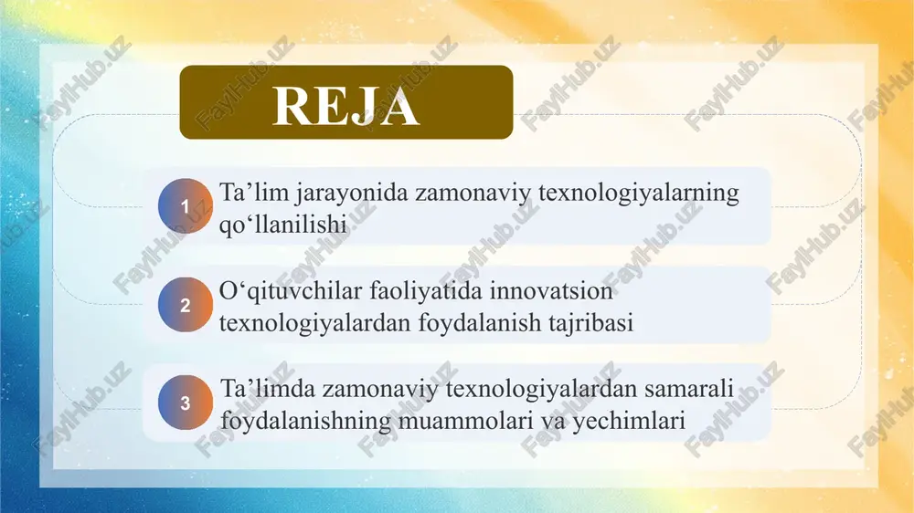 atilmoqda. natijada o‘qitish jarayonida innovatsion yondashuvlar tobora keng qo‘llanilmoqda. ta’limda axborot-kommunikatsiya vositalaridan foydalanish holati multimedia, interaktiv doska va virtual laboratoriyalarning o‘rni multimedia texnologiyalari ta’lim jarayonini jonlantiradi, o‘quvchilarda fanga nisbatan qiziqish va faollikni oshiradi. interaktiv doskalar orqali o‘qituvchi mavzuni vizual tarzda tushuntiradi, o‘quvchi esa bevosita dars jarayonida ishtirok etadi. shu bilan birga, virtual laboratoriyalar amaliy mashg‘ulotlarni xavfsiz va real sharoitga yaqin tarzda o‘tkazish imkonini beradi. masalan, kimyo yoki fizika fanlarida tajribalarni virtual muhitda bajarish orqali o‘quvchilar ko‘nikmalarini mustahkamlashadi. multimedia vositalarining afzalligi — ular tasvir, ovoz, animatsiya va video orqali murakkab jarayonlarni tushunarli shaklda aks ettiradi. bu esa o‘quvchilarning idrok etish jarayonini yengillashtiradi va bilimlarni mustahkam egallashga xizmat qiladi. bundan tashqari, masofaviy ta’lim o‘qituvchilarga o‘quv jarayonini nazorat qilish, testlar va topshiriqlarni avtomatik tarzda baholash imkonini beradi. bunday tizimning afzalliklari — qulaylik, moslashuvchanlik va individual yondashuvdir. o‘zbekiston ta’lim tizimida ham “ziyonet”, “edumarket”, “moodle” kabi platformalar orqali masofaviy o‘qitish faol rivojlanmoqda. masofaviy ta’lim va …