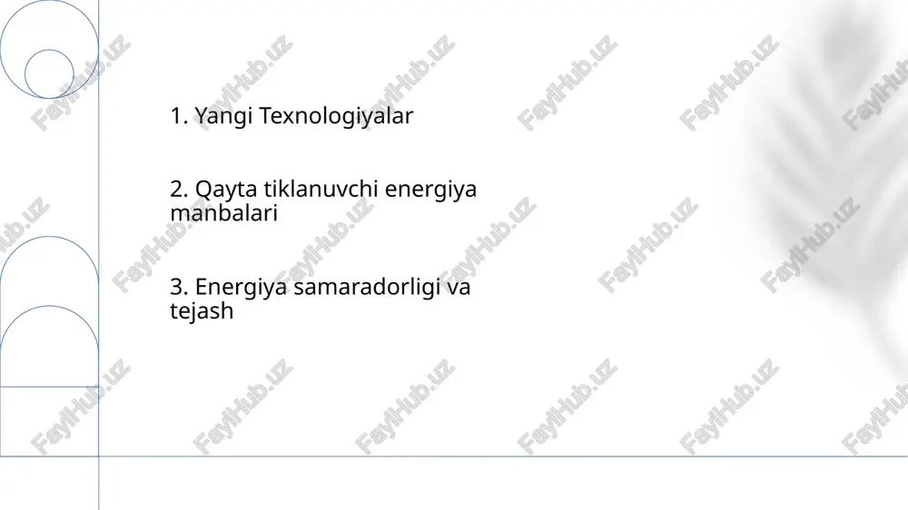 ladi. uzbek: **uzluksizlik va saqlash: quyosh va shamol energiya manbalari uzluksiz, doimiy energiya ta'minotini ta'minlash uchun energiya saqlash yechimlarini talab qiladi.** 7. yangi tiklanadigan energiya manbalari qayta tiklanuvchi energiya manbalari tabiiy ravishda toʻldiriladi, masalan, quyosh, shamol va gidroenergiya. alternativ energiya manbalari - bu qazilma yoqilg'ilar bo'lmagan har qanday energiya manbai, shu jumladan qayta tiklanadigan va yadro energiyasi. e'tiboringiz uchun rahmat @taqdimot_robot image1.png image2.jpg image3.jpg image4.jpg image5.jpg image6.jpg image7.jpg image8.jpg