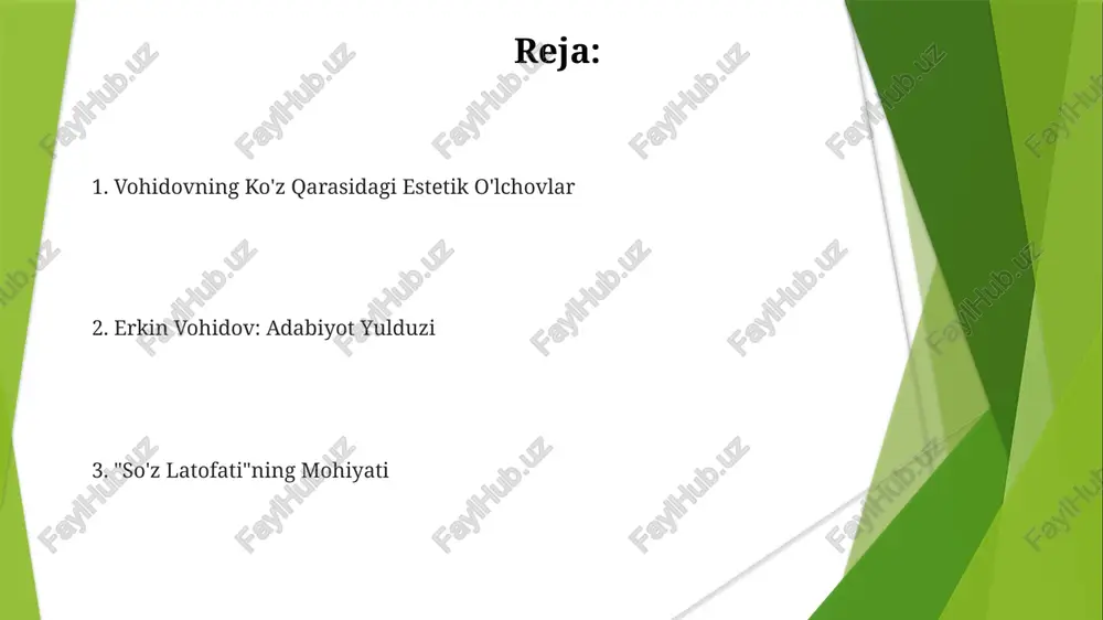 hidovning asarlarida tilning qabul qilishni shakllantirish va his-tuyg'ularni uyg'otish qobiliyatiga e'tibor qaratiladi. "so'z latofati" vohidovning an'anaviy va zamonaviyni uyg'unlashtirgan noyob adabiy estetikasini namoyish etadi. vohidov metafora va tasvirlardan foydalanib, jonli va koʻp qatlamli maʼnolar yaratadi. ruhning safar kitob ruhning hayot, o'lim va oxirat orqali sayohatini o'rganadi. vohidovning she'riy tili va obrazlari noyob estetik tajriba yaratadi. kitob o'zini kashf etish va ma'naviy o'sishning muhimligini ta'kidlaydi. "so'z latofati": bir durdonasi "so'z latofati" erkin vohidovning o'zbek adabiyotiga mohirlik bilan egaligini ko'rsatib, uning o'ziga xos uslubi va qarashlarini ta'kidlaydi. kitob sevgi, yo'qotish va ma'no qidirish kabi chuqur mavzularni ajoyib lirizm va she'riy chuqurlikda taqdim etadi. vohidovning "so'z latofati" insoniyat holatini chuqur tahlil qilib, o'zbek adabiyotini estetik yorqinligi va adabiy mahorati bilan boyitadi. "so'z latofati" ning o'zbek adabiyotiga ta'siri vohidovning "so'z latofati"dagi asari o'zbek tilining nozik go'zalligi va badiiy imkoniyatlariga chuqur hurmatni targ'ib qiladi. "so'z latofati" o'zbek adabiyotini til go'zalligi va she'riy ifoda orqali jonlantirdi. …