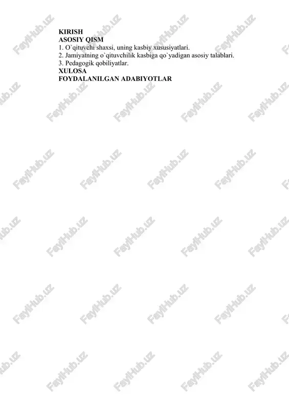 vchining mustaqil bilim egallashi deganda, uning o‘z bilimlarini doimiy ravishda kasbiy va umummadaniy axborotlar bilan toldirib, o‘zining individual ijtimoiy tajribasini keng miqyosda doimo yangilab borishi tushuniladi. odatda aksariyat o‘qituvchilar mustaqil bilim egallash zarurligini tushungan holda, undan muvaffaqiyatli foydalanadilar. buning motivlari odatda pedagogik faoliyat jarayonida o‘qituvchi oldida yuzaga keladigan muammolarni anglab olish natijasida shakllanadi. ko‘p hollarda bunday motivlar “o‘qituvchilarni qanday o‘qitib va qanday tarbiyalash kerak?” degan xohish-istaklar tariqasida, fanning oxirgi yutuqlari, o‘zining pedagogik mahoratini takomillashtirish ehtiyoji tug‘ilishi munosabati bilan shakllana boradi. asosiy qism 1. o`qituvchi shaxsi, uning kasbiy xususiyatlari. o‘qituvchi kasbi, har doim ham jamiyatda eng muhim kasblardan biri hisoblanadi, chunki yoshlarning kelajagi uning mehnatiga bog‘liq. bu ko'p vaqtini bolalarni tarbiyalash va o'qitishga professional ravishda sarflaydigan yagona odam. ta'lim va tarbiya o'qituvchi faoliyatidagi ikkita asosiy funktsiyadir. bugungi kunda o'qituvchiga umuminsoniy ta'lim, bilimdonlik, onglilik, ilg'orlik, qiziqarli dars o'tkazish, qiziqarli topshiriqlar berish kabi juda yuqori kasbiy talablar qo'yilmoqda. o'qituvchi pedagogik faoliyatni nazarda tutadi, …