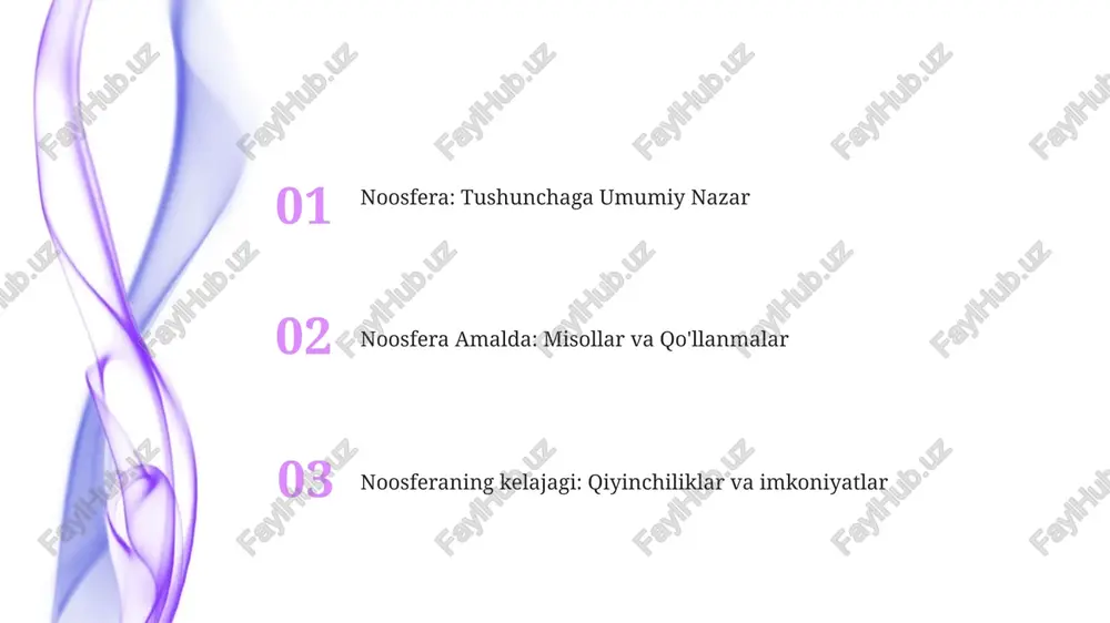 g'liqlik tushunchasi bo'lib, inson harakatlarining sayyoramiz va kelajagimizni qanday shakllantirishini ta'kidlaydi. insoniyatning noosferaga ta'siri asosiy e'tiborni o'ziga jalb qiladi, texnologiya va atrof-muhitga ta'siridan tortib, bu sferaning evolyutsiyasini qanday shakllantirayotganligini ko'rib chiqadi. e'tiboringiz uchun rahmat @taqdimot_robot image4.jpg image5.jpg image6.jpg image7.jpg image8.jpg image9.jpg image10.jpg image1.jpeg image2.jpeg image3.jpeg