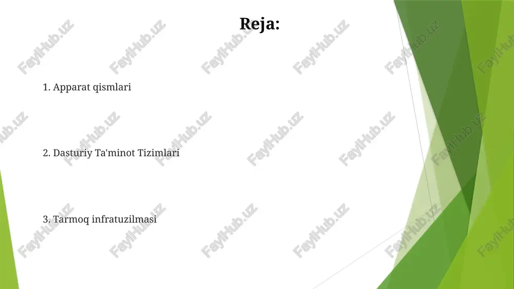 ruvi. kirish qurilmalari raqamli qalamlar, shtrix-kod skanerlari va biometrik qurilmalar aniq kirish funktsiyalarini ta'minlaydi. klaviaturalar, sichqoncha, sensorli ekranlar va o'yin qurilmalari foydalanuvchilarga kompyuter bilan o'zaro ta'sir qilish imkonini beradi. qurilma qismlari ishlov berish & saqlash: protsessor, ram, qattiq disk, onaplata chiqish qurilmalari: monitor, printer, karnay, quloqchinlar operatsion tizimlar operatsion tizimlar: kompyuterning apparat va resurslarini boshqaruvchi, ilovalarni ishga tushirishga imkon beruvchi dasturiy ta'minot. operatsion tizimlar foydalanuvchilar bilan kompyuter apparati o'rtasida interfeys ta'minlaydi va ularga tizim bilan o'zaro ta'sir qilish imkonini beradi. tarmoq komponentlari tarmoq va kompyuter o'zaro ta'siri: qurilmalar ma'lumot almashish uchun tcp/ip kabi protokollar orqali aloqa qiladi. tarmoq tarkibiy qismlari: routerlar, kalitlar, hublar, modem, kabellar. sun'iy intellekt sun'iy intellekt katta hajmdagi ma'lumotlarni qayta ishlash va murakkab algoritmlarni bajarish uchun kompyuter uskunalariga tayanadi. sun'iy intellekt (si) dasturiy ta'minoti kompyuterlarga odam aqlini talab qiladigan vazifalarni bajarish va o'rganish imkonini beradi. kompyuter tizimlari kompyuter tizimlari ma'lumotlarni qayta ishlash uchun birgalikda ishlaydigan apparat va …