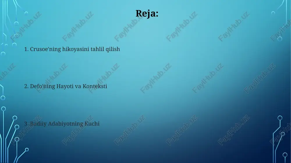 ning, to'rt yil davomida cho'l orolda yolg'iz qolgan shotland dengizchining haqiqiy hayotdagi tajribalaridan ilhom oldi. roman 1719-yilda, kengayib borayotgan tadqiqot va mustamlakachilik davrida nashr etilgan. krúzoning xarakteri va motivatsiyasi kruzoning sayohati qattiqlik va yolg'izlikda ma'no topishning ahamiyatini ta'kidlaydi. romanning ixtiro qilingan tabiatiga ko'ra, defo omon qolish, inson tabiati va imon kabi mavzularni o'rganish imkoniyatiga ega bo'lgan. e'tiboringiz uchun rahmat @taqdimot_robot image3.jpg image4.jpg image5.jpg image6.jpg image7.jpg image8.jpg image9.jpg image10.jpg image11.jpg image2.png