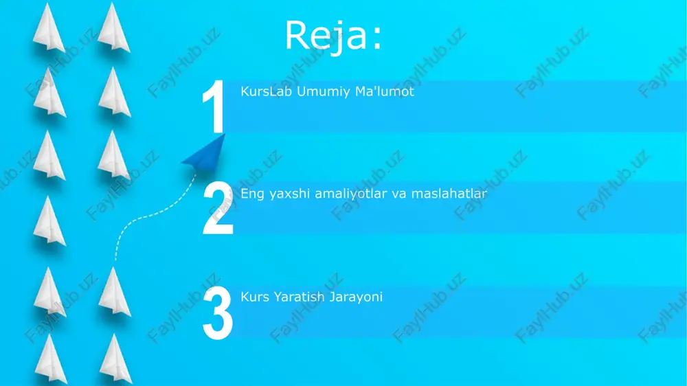 ni tuz, video darslarni yoz va interaktiv materiallarni yarat. kursingizni ishga tushirish va boshqarish: ishga tushirish sanasini belgilang, kursingizni targ'ib qiling va talabalar ro'yxatidan o'tishni boshqaring. kurs dizaynı va rejalashtirish kurslab platformasidan foydalanib, onlayn o'quv muhitini yarating, mazmunni, testlarni va muhokamalarni birlashtiring. kurs tuzilmasini, o'quv maqsadlarini, baholash tizimini va mashg'ulotlarni loyihalash. kurslab xususiyatlaridan foydalanib, talaba taraqqiyotini boshqaring, fikr-mulohaza bering va o'quv natijalarini yaxshilang. e'tiboringiz uchun rahmat @taqdimot_robot image1.jpeg image2.jpeg image3.jpeg image4.jpeg