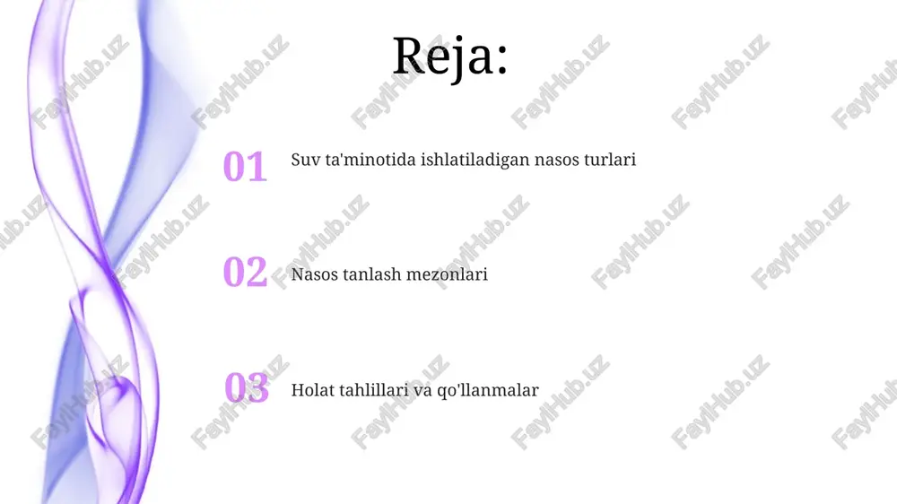 q. suv ta'minotida qo'llaniladigan nasos turlari nasos xususiyatlarini tizim talablariga moslashtirish. markazdan qochirma, o'qsimon, ijobiy siljish nasos o'rnatish va texnik xizmat ko'rsatish suv ta'minotida qo'llaniladigan nasoslar: keng tarqalgan turlari orasida santrifüj, suv osti va ijobiy siljish nasoslari bor, har biri oqim tezligi, bosim balandligi va suyuqlik xususiyatlariga qarab turli xil qo'llanmalarga mos keladi. nasos o'rnatish va texnik xizmat ko'rsatish: to'g'ri o'rnatish samarali ishlash va uzoq umr ko'rishning kalitidir, shu jumladan, nasosni tayyorlash, so'rish balandligi va muntazam tekshiruvlar. nasos ish faolligi xususiyatlari suv ta'minoti nasoslari sentrifugal, o'qsimon va ijobiy siljish turlariga bo'linadi, har biri o'ziga xos oqim va bosim xususiyatlariga ega. nasosning ishlash xususiyatlari uning samaradorligini, bosimi, oqim tezligini va quvvat iste'molini tavsiflaydi. bosh va oqim talablari 01 02 nasos tanlash bosimi, oqim va samaradorlik talablariga bog'liq. nasosning suvni ko'tarish balandligi. sales 1st qtr 2nd qtr 100 0 sales 1st qtr 2nd qtr 100 0 e'tiboringiz uchun rahmat @taqdimot_robot image4.jpg image5.jpg …