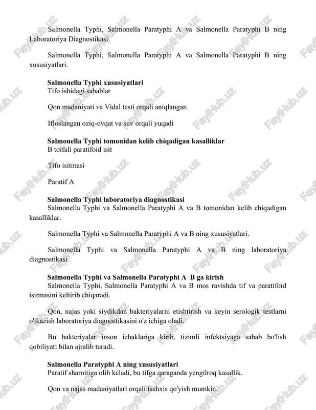 yphi laboratoriya diagnostikasi salmonella typhi va salmonella paratyphi a va b tomonidan kelib chiqadigan kasalliklar. salmonella typhi va salmonella paratyphi a va b ning xususiyatlari. salmonella typhi va salmonella paratyphi a va b ning laboratoriya diagnostikasi. salmonella typhi va salmonella paratyphi a b ga kirish salmonella typhi, salmonella paratyphi a va b mos ravishda tif va paratifoid isitmasini keltirib chiqaradi. qon, najas yoki siydikdan bakteriyalarni etishtirish va keyin serologik testlarni o'tkazish laboratoriya diagnostikasini o'z ichiga oladi. bu bakteriyalar inson ichaklariga kirib, tizimli infektsiyaga sabab bo'lish qobiliyati bilan ajralib turadi. salmonella paratyphi a ning xususiyatlari paratif sharoitiga olib keladi, bu tifga qaraganda yengilroq kasallik. qon va najas madaniyatlari orqali tashxis qo'yish mumkin. salmonella paratyphi b tomonidan keltirib chiqariladigan kasalliklar qorin tifi paratif tifo laboratoriya tashxisi: qon, najas yoki siydik madaniyatlaridan salmonella paratyphi b ajratish. xulosa xulosa qilib aytganda, bu matnda salmonella typhi va salmonella paratyphi a va b tomonidan kelib chiqadigan …