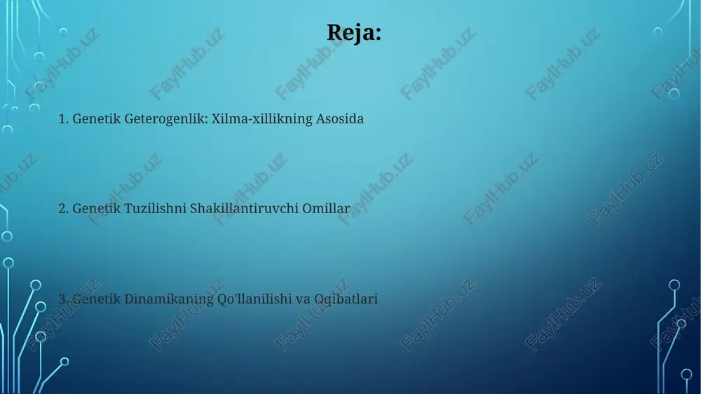 lar aholi dinamikasi: tabiiy tanlanish, genetik surilma, migratsiya, mutatsiya va tasodifiy bo'lmagan juftlashuv. genetik geterogenlik: gen chastotlaridagi o'zgarishlar, xilma-xillik va moslashishga hissa qo'shadi. genetik variatsiyaning manbalari tabiiy tanlanish, genetik sürish, gen oqimi, mutatsiya tezligi turli allellar, genotiplar kombinatsiyasi, shaxslar o'rtasidagi farqlar. aholi bo'yinlari aholi sonining keskin kamayishi genetik xilma-xillikning pasayishiga olib keladi. genetik heterojenlik, bir populyatsiyadagi turli xil genlar va allellarni aks ettirib, moslashuvchanlikka ta'sir qiladi. genetik xilma-xillikning kasallikka ta'siri genetik heterojenlik kasallikka moyillikni, og'irligini va davolanishga javobni ta'sir qilishi mumkin. aholi dinamikasiga mutatsiyalar, gen oqimi, genetik sürish va tabiiy tanlanish kabi omillar ta'sir qiladi. genetik xilma-xillikni saqlash turlar ichidagi genlar xilma-xilligini saqlab qolish. aholi ichidagi turli genlarning diapazoni. genetik geterogenlik nima? genetik tarkib dinamikasiga ta'sir etuvchi omillar: mutatsiya, gen oqimi, genetik surilma va tabiiy tanlanish. aholi genetik xilma-xilligi allellar va genotiplilarning xilma-xilligini ko'rsatadi. genetik drif genetik geterogenlik: populyatsiyada shaxslarning genetik tarkibidagi farq. genetik sürish: populyatsiyada allel chastotlarining tasodifiy o'zgarishlari. …