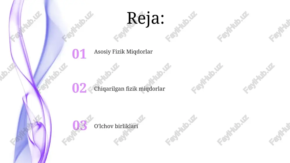 misollar: uzunlik, massa, vaqt, harorat, tezlik, tezlanish, kuch, energiya va quvvat. fizik kattaliklarining asosiy ta'riflari: tizimning o'lchanadigan xususiyatini, ko'pincha o'lchov birligi bilan ifodalaydi. o'lchov birliklari o'lchov birliklari: fizik kattaliklar miqdorini ifodalashning standartlashtirilgan usullari. uzbek (latin): uzunlik, massa, vaqt, harorat, tezlik, kuch, energiya va quvvat. fizik kattaliklarining asosiy ta'riflari: uzunlik, massa va vaqt kabi jismoniy dunyoning asosiy jihatlarini tasvirlaydi. e'tiboringiz uchun rahmat @taqdimot_robot image1.jpeg image2.jpeg image3.jpeg