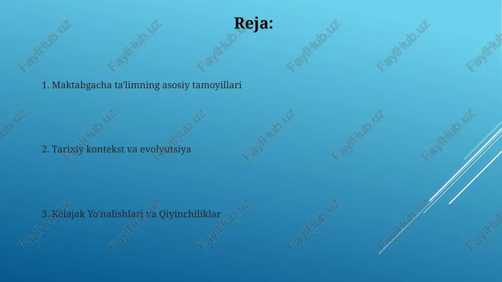 ratilgan. o'yin asosidagi o'qitishning ahamiyati maktabgacha ta'lim bolalar boshchiligidagi faoliyat va individual o'qishni ustuvor qilishi kerak. o'yin asosidagi o'qitish ijodkorlik, muammo hal qilish va ijtimoiy ko'nikmalarni rivojlantiradi. maktabgacha ta'lim ta'sirini o'lchash samarali maktabgacha ta'lim dasturlari uchun asosiy tamoyillarni aniqlash. bolalar rivojlanishiga maktabgacha ta'limning samaradorligini o'lchash. maktabgacha ta'lim infratuzilmasi va resurslari erta bolalikdagi ta'lim barcha uchun, ijtimoiy-iqtisodiy kelib chiqishidan qat'i nazar, teng va osongina olinishi kerak. yuqori sifatli maktabgacha ta'lim uchun binolar, o'yin maydonchalari va o'quv materiallari kabi yetarli infratuzilma juda muhim. maktabgacha ta'limda texnologiya texnologiya integratsiyasi maktabgacha yoshdagi bolalar uchun interaktiv o'qish, shaxsiylashtirilgan ta'lim va kuchaygan jalb qilishni rivojlantiradi. erta bolalik ta'limi ijtimoiy-emotsional rivojlanishni tarbiyalash, qiziquvchanlik va ijodkorlikni rivojlantirish hamda til va savodxonlik ko'nikmalarini targ'ib qilishga qaratilgan. maktabgacha ta'limning muammolari va imkoniyatlari asosiy yo'nalishlar: o'qituvchilarni tayyorlashni mustahkamlash, inklyuziv amaliyotlarni targ'ib qilish, sifatli erta bolalik ta'limi imkoniyatlarini kengaytirish. qiyinchiliklar: resurslarning cheklanganligi, o'qituvchilar tanqisligi, sifatli xizmatlarga tengsiz kirish. barchaga ochiq maktabgacha ta'lim …