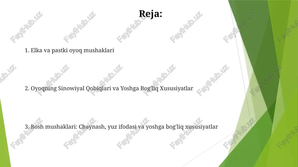 ni, nutqni va chaynashni boshqaradi. oyoqning sinovial qinlari: harakat paytida tendonlar va suyaklar orasidagi ishqalanishni kamaytiradi, silliq sirpanishni ta'minlaydi. xulosa va savol-javob bosh muskullari. chaynash va yuz ifodasi muskullari. yoshga bog'liq xususiyatlar yoshga bog'liq pastki oyoq-qo'llar xususiyatlari yoshga bog'liq o'zgarishlar pastki oyoq mushaklarida massa, kuch va moslashuvchanlikning pasayishini o'z ichiga oladi. yelka muskullari yoshga bog'liq atrofiya, kuchning pasayishi va bo'g'im biomexanikasining o'zgarishini ko'rsatadi. yoshga bog'liq bosh mushaklari xususiyatlari oyoq muskullari: ichki oyoq muskullari zaiflashadi, bu oyoq deformatsiyasiga va muvozanat muammolariga olib keladi. elka mushaklari: rotator manjet mushaklari atrofiyasi va zaiflashuvi yirtilish va beqarorlik xavfini oshiradi. yoshga bog'liq xususiyatlar: mushaklar atrofiyasi, kuch va egiluvchanlikning pasayishi, tendonlarning degeneratsiyasi, jarohatlanish xavfining oshishi. yelka muskullari: deltoid, supraspinatus, infraspinatus, teres minor, subscapularis. funktsiyasi: yelka harakati va barqarorligi. elka muskullari oyog'dagi sinovial qobiqlar: tendonlarni moylaydi, ishqalanishni kamaytiradi, silliq harakatlanishni ta'minlaydi. elka mushaklari: rotator manjet mushaklari, deltoid, trapetsiya, latissimus dorsi, pektoralis major. e'tiboringiz uchun rahmat @taqdimot_robot image1.jpg …