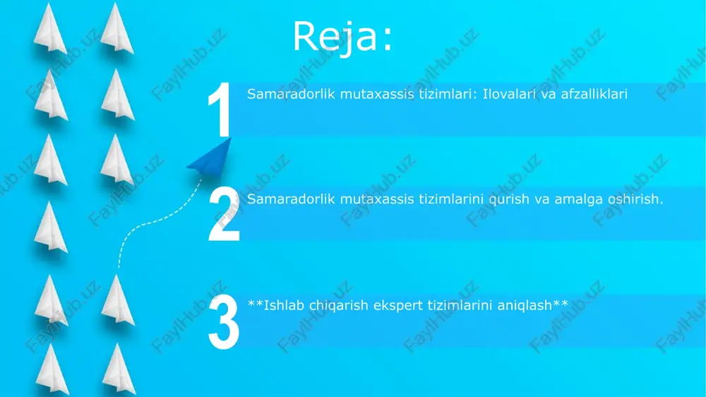 shtirishni osonlashtiring. yaxshilangan qaror qabul qilish: ma'lumotlarni tahlil qilish va yanada xabardor qarorlar qabul qilish uchun tushunchalarni taqdim etish. kelajakdagi samaradorlik mutaxassis tizimlari shaxsiy ehtiyojlar va maqsadlarga asoslangan shaxsiylashtirilgan bilimlar va tavsiyalar. oddiy vazifalarning avtomatlashuvi, insonlarni yuqori darajadagi ishlar uchun vaqt ajratish imkonini beradi. samaradorlik ekspert tizimlarining asosiy xususiyatlari qarorlarni qo'llab-quvvatlash: ish unumdorligini oshirish uchun bilimlar va tavsiyalarni taqdim etish. vazifa avtomatlashtirish: takrorlanuvchi vazifalarni avtomatlashtirish, strategik ishlarga vaqt ajratish imkonini beradi. e'tiboringiz uchun rahmat @taqdimot_robot image5.jpg image6.jpg image7.jpg image8.jpg image9.jpg image10.jpg image11.jpg image12.jpg image1.jpeg image2.jpeg image3.jpeg image4.jpeg