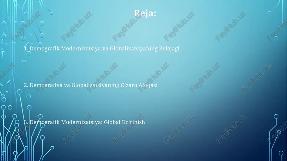 lan bog'liqligi, migratsiya, muloqot va madaniy almashinuv orqali amalga oshiriladi. aholi modernizatsiyasi: tug'ilish darajasining pasayishi, umr ko'rish davomiyligining oshishi va shaharlashuv kabi omillar tufayli aholi tuzilmasidagi o'zgarishlar. demografik globalizatsiya va modernizatsiya: bu ikki kuch bir-biriga bog'liq bo'lib, globalizatsiya modernizatsiyani, modernizatsiya esa globalizatsiyani boshqaradi va bu global aholining dinamikasiga ta'sir qiladi. demografik modernizatsiya: umumiy ma'lumot demografik globalizatsiya butun dunyo bo'ylab aholining o'zaro bog'liqligi kuchayib borishini, bu esa migratsiya, aloqa va savdo orqali kuchayib borishini anglatadi. demografik modernizatsiya yuqori tug'ilish va o'lim ko'rsatkichlaridan past ko'rsatkichlarga o'tishni o'z ichiga oladi va bu ijtimoiy-iqtisodiy rivojlanish bilan bog'liq. bu jarayonlar bir-biri bilan chambarchas bog'liq, chunki globalizatsiya modernizatsiya namunalariga ta'sir qiladi va modernizatsiya global aholi dinamikasiga ta'sir qiladi. migratsiya va pul o'tkazmalari demografik globalizatsiya: migratsiya, aloqa va madaniy almashinuv orqali aholi o'rtasidagi o'zaro bog'liqlikning kuchayishi. migratsiya va pul o'tkazmalari: chegaralar orqali odamlar harakati vatanlariga moliyaviy oqimlarni keltirib chiqaradi. demografik modernizatsiya: tug'ilish va o'lim darajalaridagi o'zgarishlar, bu …
