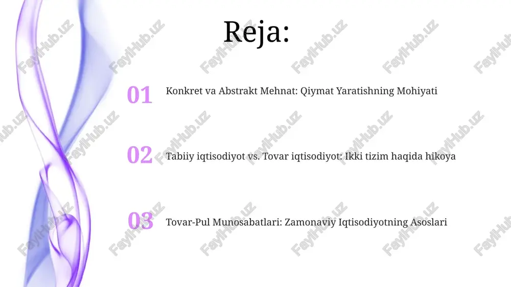 arlar aylanmasi: bozor iqtisodiyotida tovar va xizmatlarning harakatini tavsiflaydi. tovar-pul munosabatlarining mazmuni: tovarlarning pulga nisbatan almashuv qiymatini va foydalanish qiymatini o'rganadi. tabiiy iqtisodiyot va tovar iqtisodiyoti: o'z-o'zini ta'minlash ishlab chiqarishni bozorga almashish uchun tovarlar ishlab chiqarish bilan qarama-qarshi qo'yadi. mehnat qiymat nazariyasi mehnat qiymat nazariyasi: qiymat, tovarni ishlab chiqarish uchun zarur bo'lgan ijtimoiy jihatdan zarur mehnat vaqti bilan belgilanadi. tabiiy iqtisodiyot va tovar iqtisodiyot: tabiiy iqtisodiyot to'g'ridan-to'g'ri iste'mol uchun ishlab chiqarishni o'z ichiga oladi, tovar iqtisodiyot esa bozorlar orqali almashish uchun ishlab chiqarishni o'z ichiga oladi. tovar-pul munosabatlari: tovarlarni pulga almashtirish, bu yerda pul tovarlarda mujassamlashgan mehnat qiymatini ifodalaydi. pul tovarı konkret va abstrakt mehnat: konkret mehnat – bu tovar ishlab chiqarishning o'ziga xos faoliyati, abstrakt mehnat esa umuman inson mehnat kuchi sarfi bo'lib, qiymat bilan o'lchanadi. pul kommoditi: almashuv vositasi, hisob birligi va qiymat saqlovchi sifatida xizmat qiladigan tovar. tovar-pul munosabatlari: tovarlar va pul o'rtasidagi munosabat, bu yerda pul …