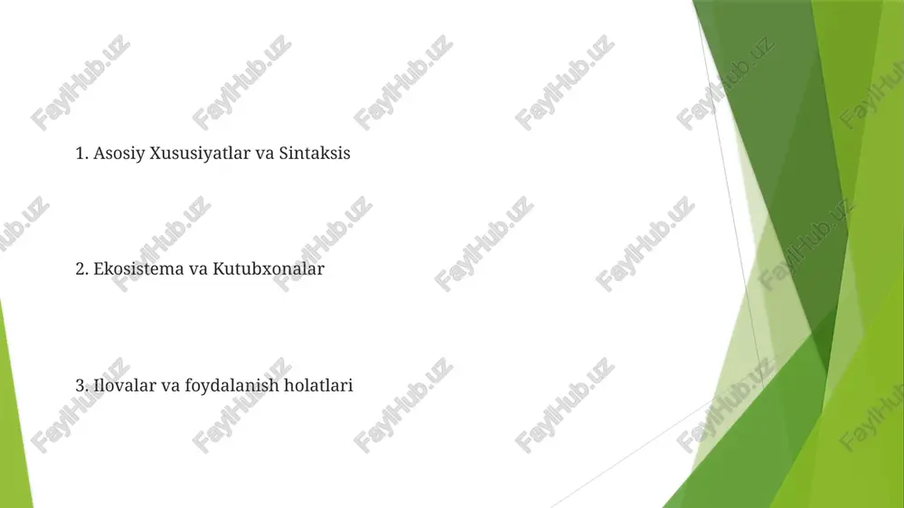 ayli turli platformalarda ishlaydigan dasturlarni ishlab chiqish uchun ishonchli va ko'p qirrali tanlov hisoblanadi. xotira boshqaruvi java kuchli tiplash, obyektga yo'naltirilgan dasturlash va platformadan mustaqillikni qo'llab-quvvatlaydi. avtomatik axlat yig'ish xotira ajratish va bo'shatishni boshqaradi. e'tiboringiz uchun rahmat @taqdimot_robot image1.jpg image2.jpg image3.jpg image4.jpg image5.jpg image6.jpg image7.jpg
