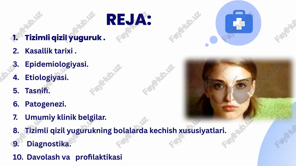 siga (dnk, rnk, histonlar) qarshi antitanachalar ishlab chiqilishi. * gormonal omillar: estrogenlar immun faollikni oshiradi → qizlarda ko‘proq uchraydi. * infeksiyalar: ebv (epstein–barr virusi) va parvovirus b19 sle ni boshlashi mumkin. atrof-muhit: quyosh nuri (uv), dori vositalari (izoiazid, hidralazin, prokainamid), stress. tasnifi. kechishi boʻyicha i. oʻtkir ii. oʻtkir osti iii. surunkali: 1)qaytalanuvchi poliartrit yoki serozit 2)diskoidli qizil yugurik sindromi 3)reyno sindromi 4)verlgof sindromi 5)epilepsiya sindromi faolligi boʻyicha i. faol bosqichi yuqori (3-daraja) yengil (2-daraja) minimal (1-daraja) ii. nofaol bosqichi (remissiya) zararlanishning klinik — morfologik tasnifi teri -ekssudatli eritema, diskoidli yugurik, kapilyar purpura boʻgʻim- artralgiya, poliartrit buyrak — diffuz glomerulonefrit yurak — miokardit, endokardit, mitral klapan yetishmovchiligi oʻpka — pnevmonit, pnevmoskleroz nerv tizimi — ensefalonevrit, polinevrit patogenezi. virus taʼsirida (baʼzan virusga qarshi antitanalar taʼsirida) shu kasallikka moyillik mavjudligida immunologik javobni boshqarish o‘zgaradi: t-limfotsitlar kamayishi va b-limfotsitlar faolligining ortishi — gumoral immunitetning faolligini oshiradi. bemorlar aʼzoi badanida nazorat qilib bo‘lmaydigan, har xil …