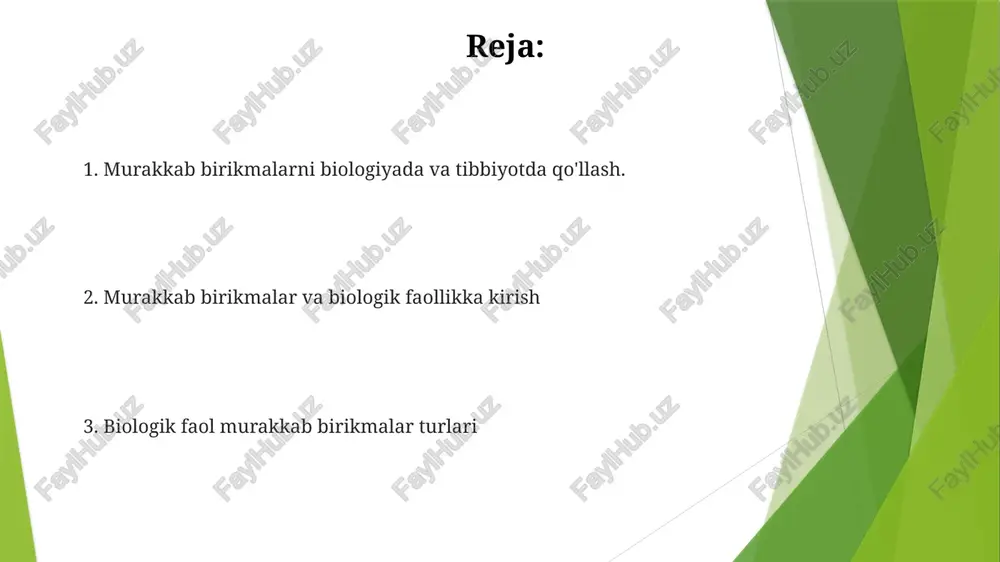 shish, elektron uzatish va metabolizm kabi biologik jarayonlarda muhim rol o'ynaydi. tibbiyotda qo'llanmalar dori vositalari: gormonni almashtirish, gen terapiyasi va immunoterapiya kabi davolash usullarida biologik faol birikmalar qo'llaniladi. dori-darmonlar: antibiotiklar, antiviral va saratonga qarshi dorilar kabi murakkab birikmalar kasalliklarni davolashda juda muhimdir. ligandlar va ularning xossalari murakkab birikmalar tuzilishi tufayli o'ziga xos kimyoviy va biologik faollikka ega. biologik jihatdan faol birikmalar ko'pincha metall ionlari va liganlarni o'z ichiga oladi va biologik jarayonlarda muhim rol o'ynaydi. koordinatsiya kimyosi prinsiplari porfirin, aminokislotalar va nuklein kislotalar kabi ligandlar metall ionlariga birikib, turli xil funksiyalarga ega komplekslar hosil qiladi. koordinatsion komplekslar biologik sistemalarda fermentlar, tashuvchilar va regulyatorlar sifatida muhim rol o'ynaydi. dntga birikish va gen regulyatsiyasi oqsillar va fermentlar kabi murakkab birikmalar biologik funktsiyalar uchun juda muhimdir. dntga bog'lanuvchi oqsillar transkripsiyani boshqarish orqali gen ekspressionini tartibga soladi. murakkab birikmalarga kirish ko'pgina dori-darmonlar va shifo beruvchi birikmalar murakkab birikmalar bo'lib, ularning noyob xususiyatlarini terapevtik ta'sir …