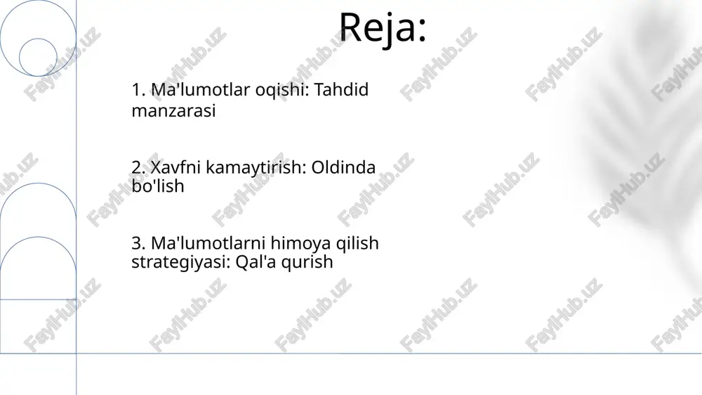 hlar va obro'ga putur yetkazishga olib kelishi mumkin. here's the translation: * **accidental disclosure:** tasodifiy ochish * **malicious attacks:** zararli hujumlar * **configuration errors:** sozlash xatolari 8. zaif parol va xavfsizlik amaliyoti onlayn xavfsizlikda kuchli parol ishlatish, ko'p omilli autentifikatsiyani yoqish va fişinq hiylalaridan ehtiyot bo'lish muhim. ma'lumotlar oqishi, nozik ma'lumotlar tasodifan yoki zararli hujumlar orqali ochib tashlanganida sodir bo'ladi. 9. ma'lumotlar buzilishining narxi ma'lumotlarni shifrlash, ko'p omilli autentifikatsiya va xodimlarni o'qitish kabi kuchli kiberxavfsizlik choralarini amalga oshirish onlayn tahdidlardan himoya qilish uchun muhimdir. ma'lumotlar oqishi mijozlarning maxfiy ma'lumotlarini ochib berishi mumkin, bu esa shaxsni o'g'irlash va shaxsiy hayotni buzishga olib keladi. 10. ma'lumotlar oqishi: manzara ma'lumot oqishi tobora ko'proq tarqalib va ta'sirchan bo'lib bormoqda. ma'lumotlar oqishi sirli ma'lumotlarni ochib berishi va obro'ga putur yetkazishi mumkin. 11.hodisaga javob va tiklash hodisa javob berish va tiklash: xavfsizlik buzilishlarini to'xtatish va kamaytirish, tizimlar va ma'lumotlarni tiklash. ma'lumotlar oqishi va himoyasi: nozik ma'lumotlarni …