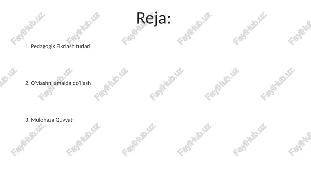 qilish. professional development - **kasbiy rivojlanish** pedagogik fikrlarni shakllantirish o'qituvchilik tajribasini tahlil qilish orqali dars berishni yaxshilashni o'z ichiga oladi. pedagogik mulohazalarning chuqurlashishi talabalarning o'rganishini tushunishni chuqurlashtiradi va o'qitish usullarini takomillashtiradi. o'zlashtirish vositalari va usullari kuzatish, suhbat va hamkorlik jurnallar, portfolio va fikr-mulohazalar talaba o'rganishini tahlil qilish o'quv bo'shliqlari va kuchli tomonlarni aniqlash. o'qitish uslublari va samaradorligini tahlil qilish. portfellar o'qituvchilarning o'sishi va samaradorligini hujjatlashtiradigan portfellar. pedagogik fikrlar o'qituvchilik amaliyoti va talaba ta'limini tahlil qiladi. pedagogik mulohazalarning nima ekanligini tushuntirib bering. pedagogik fikrlarni shakillantirish dars tajribalarini hujjatlashtirish, tahlil qilish va baholashni o'z ichiga oladi. ular ta'lim samaradorligini va talaba o'quv natijalarini yaxshilashga qaratilgan. o'zini o'zi aks ettiruvchi fikrlashni rivojlantirish kelajakdagi o'qitish qarorlaringizni shakllantirish va amaliyotingizni yaxshilash uchun aks ettirishdan foydalaning. o'qituvchilik amaliyoti va tajribangizni tahlil qiling. e'tiboringiz uchun rahmat @taqdimot_robot image4.jpg image5.jpg image6.jpg image7.jpg image8.jpg image9.jpg image10.jpg image11.jpg image12.jpg image13.jpg image14.jpg image15.jpg image16.jpg image17.jpg image3.png image18.jpg image19.jpg image20.jpg image1.jpeg image2.jpeg