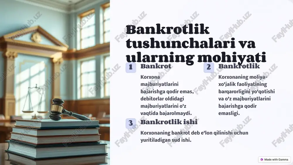 ish sud korxonani bankrot deb e'lon qiladi va uning faoliyatini tugatadi. 6 kreditorlar bilan kelishuvlar 1 kelishuv tuzish kreditorlar vakillari bilan kelishuvlar olib boriladi, majburiyatlarning qisqartirilishi va qoldirish yuzasidan. 2 kreditlar restrukturizatsiyasi majburiyatlarni uzaytirish yoki qayta moliyalashtirish loyihasi ishlab chiqiladi. 3 korxonani qayta tiklash samarali tadbirlar amalga oshirilsa, korxona faoliyatini davom ettirishi mumkin. 7 konkurs boshqaruvchisi hujjatlar korxona faoliyati va mol-mulki haqidagi barcha hujjatlarni boshqaradi. yig'ilishlar kreditorlar va korxona rahbariyati bilan doimiy aloqa va muzokaralar olib boradi. tekshiruv korxona moliyaviy ahvolini doimiy ravishda tekshirib, hisobotlar taqdim etadi. 8 tadbirkorlik subyektini qayta tashkil etish yoki tugatish 1 qayta tashkil etish moliyaviy holatni yaxshilash maqsadida korxona tuzilmasini o'zgartirish. 2 aktivlarni sotish korxonaning qolgab aktivlari kreditorlar talablarini qondirish uchun sotiladi. 3 tugatish barcha majburiyatlar amalga oshirilgandan so'ng korxona tugatiladi. 9 xulosa va takliflar bankrotlik oldini olish ichki va tashqi omillarni o'z vaqtida aniqlash va oldini olish choralari ko'rish. bankrotlik qonunlarini takomillashtirish yangi sharoitlar …