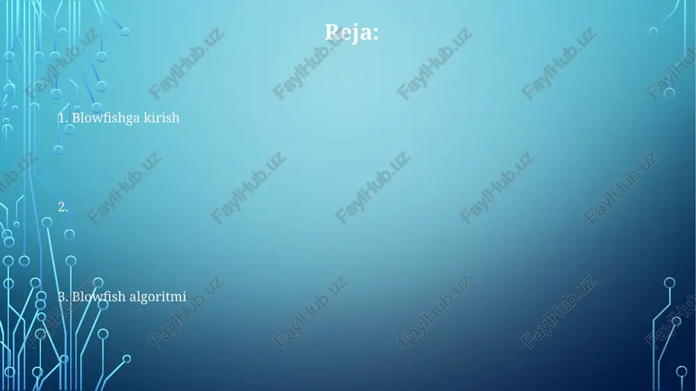 li elektron pochta, fayllar va ma'lumotlar bazalarini shifrlash kabi dasturlarda mashhur bo'ldi. blowfish xavfsizlik tahlili blowfish tezlik va sodda amalga oshirish bilan tanilgan simmetrik blok shifrlash algoritmidir. u shifrlash va deşifrlash uchun kalitga bog'liq s-quti va feistel tuzilmasidan foydalanadi. blowfish, qari bo'lsa-da, ma'lum hujumlarga qarshi himoyalangan, hech qanday jiddiy kamchiliklari topilmagan. manbalar tez, xavfsiz va keng tarqalgan blokli shifrlash. yuqori samaradorlik bilan samarali dasturiy ta'minotni amalga oshiradi. kalitga bog'liq s-qutidan foydalanadi, bu esa moslashuvchanlik va yuqori xavfsizlikni ta'minlaydi. zamonaviy kriptografiyada blowfish blowfish 1993-yilda bryus shnayder tomonidan yaratilgan simmetrik blok shifrlash algoritmidir. u tezligi va kuchli xavfsizligi bilan mashhur, garchi uning kalit hajmi 448 bit bilan chegaralangan. blowfish ko'plab dasturlarda, shu jumladan tarmoq xavfsizligi va o'rnatilgan tizimlarda mashhur bo'lib qolmoqda. shifrlash jarayoni blowfish 64 bitlik ma'lumot bloklari bilan ishlaydi va uning kalit hajmi 32 dan 448 bitgacha o'zgarishi mumkin, bu xavfsizlik kuchida moslashuvchanlikni ta'minlaydi. algoritm ma'lumotlar bloki ustida murakkab kalit jadvali …