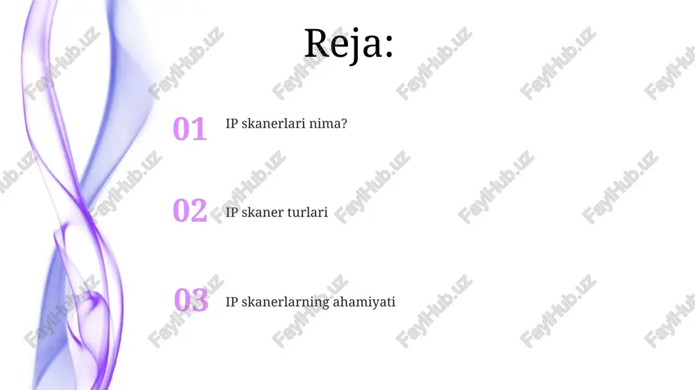 n yanada rivojlangan bo'ladi. narsalar interneti (iot) kengaygan sari, ip skanerlash ulangan qurilmalarni aniqlash va boshqarish uchun muhim bo'ladi. axloqiy jihatlar ip skanerlar haqida umumiy tushuncha: ip skanerlar faol qurilmalarni aniqlash va ularning xizmatlari haqida ma'lumot olish uchun ip manzillar diapazoni bo'yicha tekshiruvlar yuboradi. ip skaner turlari: keng tarqalgan skaner turlari port skanerlari, ping skanerlari va zaiflik skanerlarini o'z ichiga oladi, ularning har biri o'z maqsadi va potentsial ta'siriga ega. ip skanerlarni nima uchun o'tkazish kerak? tarmoq qurilmalari va xizmatlarini aniqlash. tarmoq xaritasini tuzish va muammolarni bartaraf etish uchun ma'lumot yig'ish. ip skanerlarining xavfsizlik ta'sirlari skanlar tarmoqni boshqarish va xavfsizlik tekshiruvlari kabi qonuniy maqsadlar uchun ishlatilishi mumkin. ip skanerlarning haqiqiy dunyo qo'llanilishi tarmoq xavfsizligi: zaif tizimlarni aniqlash, ruxsatsiz qurilmalarni aniqlash. kiberxavfsizlik sinovi: tarmoqlardagi mumkin bo'lgan xavfsizlik zaifliklarini aniqlash, hujumlarni simulyatsiya qilish. ip skans va tarmoq xavfsizligi 01 02 ular xavfsizlik baholash yoki yomon niyatli maqsadlar uchun ishlatilishi mumkin. umumiy skaner …