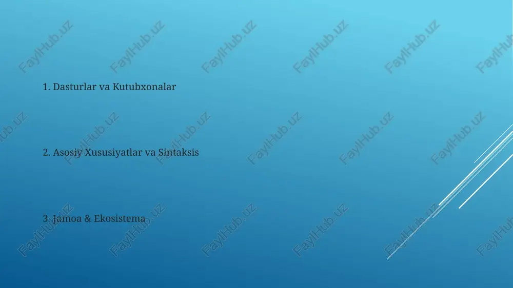hqa vositalar va xizmatlar bilan birlashtirish, uni ish oqimlarini avtomatlashtirish uchun ko'p qirrali vositaga aylantiradi. pythonning keng kutubxonalarini ishlatib, oddiy va murakkab maqsadlar uchun skriptlar yarating. e'tiboringiz uchun rahmat @taqdimot_robot image1.jpg image2.jpg image3.jpg image4.jpg image5.jpg image6.jpg image7.jpg