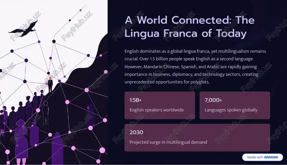 ity global perspective cultural knowledge connection https://gamma.app/?utm_source=made-with-gamma economic advantage: opening doors to international careers 25% salary premium bilingual professionals earn up to 25% more 3x job opportunities three times more positions available 60% global companies require multilingual employees in the global job market, multilingualism is a competitive advantage. companies seeking to expand internationally prioritize candidates who can communicate across borders. from international business and diplomacy to technology and tourism, language skills unlock career pathways that monolingual candidates cannot access, resulting in higher earning potential and greater professional mobility. https://gamma.app/?utm_source=made-with-gamma the digital age: language learning in a tech- driven world mobile apps gamified learning anywhere, anytime ai tutors personalized instruction at scale immersive content virtual reality and interactive platforms technology revolutionizes language education. ai-powered platforms provide personalized feedback, vr simulations enable immersive cultural experiences, and mobile applications democratize access to quality instruction. learners can now practice with native speakers globally, transforming …