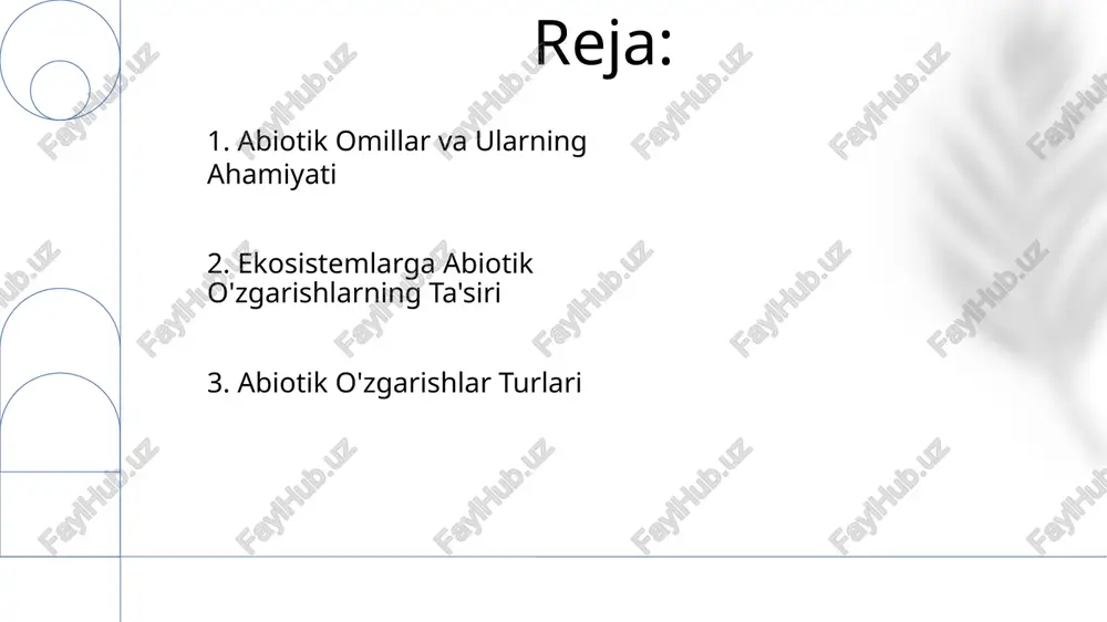 n. tuproq eroziyasi, suvning oʻtishini kamayishi va oqindi suvning koʻpayishi kabi abiyotik oʻzgarishlar ekotizimlarga taʼsir qiladi. 5. o'rmonlarni kesish va abiotik o'zgarishlar ta'sir: eroziya va abiotik o'zgarishlar o'simlik o'sishiga, bioxilma-xillikka va ekotizim xizmatlariga salbiy ta'sir ko'rsatishi mumkin. abiotik o'zgarish: muhitning jonsiz qismlarida, masalan, harorat, suv mavjudligi va tuproq kimyosida yuz beradigan o'zgarishlar. 6. tuproq eroziyasi va degradasiyasi cho'lga aylanish biotik bo'lmagan muhim o'zgarish bo'lib, bioxilma-xillikning yo'qolishiga, hosildorlikning pasayishiga va tabiiy ofatlarga nisbatan zaiflashuvga olib keladi. abiotik o'zgarish - tuproq, suv yoki iqlim kabi jonsiz ekotizim komponentlaridagi o'zgarishlarni bildiradi va tirik organizmlarga ta'sir qiladi. cho'lga aylanish asosan inson faoliyati va iqlim o'zgarishi natijasida yuzaga keladigan qurg'oqchil, yarim qurg'oqchil va quruq sub-nam hududlardagi yerning yomonlashishi. 7. cho'lga aylanish ekosistema buzilishi: bioxilma-xillik yo'qolishi, yashash muhiti parchalangani va o'zgargan ekologik o'zaro ta'sirlar. 8. kelajakdagi ta'sirlar iqlimiy o'zgarishlar abiotik o'zgarishlarga olib kelishi mumkin, bu esa ekosistemalarga va tirik organizmlarga ta'sir qiladi. iqlimiy o'zgarishlar harorat va …