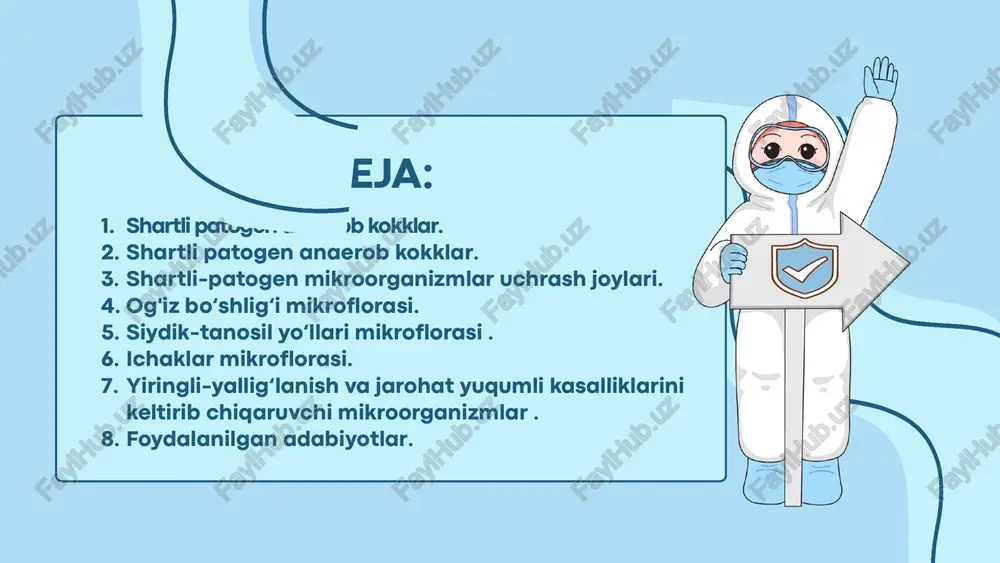 shqalar). klostridial bo'lmagan anaeroblar keltirib chiqaradigan anaerob infektsiyalarning aksariyati endogen (ichki kelib chiqishi) va asosan tananing qarshiligining pasayishi, shikastlanishlar, operatsiyalar, gipotermiya va immunitetning pasayishi natijasida patogenlar ta'siriga chidamliligi bilan rivojlanadi. infektsiyalarning rivojlanishida rol o'ynaydigan anaeroblarning asosiy qismini bakterioidlar, fuzobakteriyalar, peptostreptokokklar va spora tayoqchalari tashkil qiladi. yiringli-yallig'lanishli anaerob infektsiyalarning yarmi bakterioidlardan kelib chiqadi. shartli patogen anaerob kokklar. peptostreptokokklar sharsimon bakteriyalar bo'lib, ikki, to'rtta, tartibsiz guruhlar yoki zanjirlarda joylashgan. bular spora hosil qilmaydigan flagelsiz bakteriyalardir. peptokokklar - bir turdagi p.niger bilan ifodalangan sharsimon bakteriyalarning jinsi. yakka-yakka, juft yoki to‘da bo‘lib joylashtirilgan. peptokokklarda flagella yo'q va spora hosil qilmaydi. veionellalar diplokokklar turkumi (kokk shaklidagi bakteriyalar, hujayralari juft boʻlib joylashgan), qisqa zanjirlarda joylashgan, harakatsiz, spora hosil qilmaydi. bemorlarning yuqumli o'choqlaridan ajratilgan boshqa klostridial bo'lmagan anaerob bakteriyalar - bu propion bakteriyalar, volinella, ularning roli kamroq o'rganilgan. peptokokklar. peptostreptokokklar . shartli-patogen mikroorganizmlar uchrash joylari. shartli patogen anaerob bakteriyalar ko‘pincha organizm mikrofloralari tarkibida bo‘ladi. masalan, nafas yo‘llari …