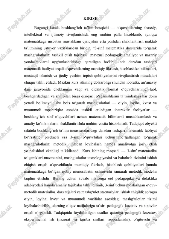 n to‘garak mashg‘ulotlarini metodik jihatdan loyihalash hamda amaliyotga joriy etish yo‘nalishlari ekanligi ta’kidlanadi. kurs ishining maqsadi — 3-sinf matematika to‘garaklari mazmunini, mashg‘ulotlar texnologiyasini va baholash tizimini ishlab chiqish orqali o‘quvchilarda mantiqiy fikrlash, hisoblash qobiliyatlari hamda matematikaga bo‘lgan ijobiy munosabatni oshiruvchi samarali metodik modelni taqdim etishdir. buning uchun avvalo mavzuga oid pedagogika va didaktika adabiyotlari hamda amaliy tajribalar tahlil qilinib, 3-sinf uchun moslashgan o‘quv-metodik materiallar, dars rejalari va mashg‘ulot stsenariylari ishlab chiqildi; so‘ngra o‘yin, loyiha, kvest va muammoli vazifalar asosidagi mashg‘ulotlar tizimi loyihalashtirilib, ularning o‘quv natijalariga ta’siri pedagogik kuzatuv va sinovlar orqali o‘rganildi. tadqiqotda foydalanilgan usullar qatoriga pedagogik kuzatuv, eksperimental ish (nazorat va tajriba sinflari taqqoslanishi), o‘qituvchi va o‘quvchilar bilan intervyu, so‘rovnomalar, shuningdek o‘quv natijalarini tahlil qilish va metodik-amaliy baholash kiradi; mazkur metodlar yordamida to‘garak mashg‘ulotlarining didaktik samaradorligi, o‘quvchilarning faolligi va mustaqil ishlash ko‘nikmalari aniqlangan. ishning ilmiy yangiligi shundaki, u an’anaviy dars rejalaridan farqli ravishda o‘yinli va loyiha-yo‘nalishli elementlarni tizimli ravishda …