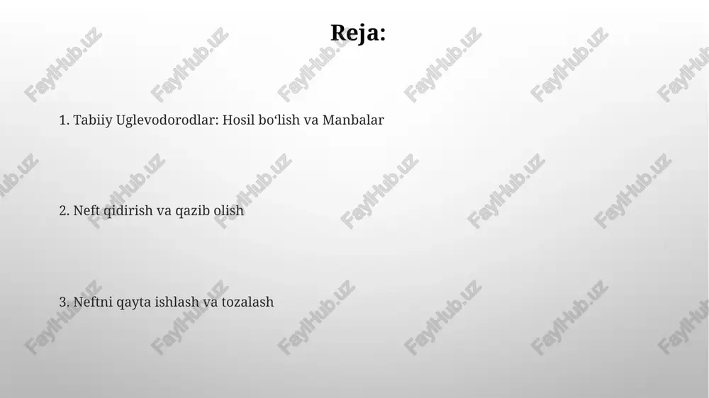 parchalanishidan hosil bo'ladi. neftni qayta ishlash: xom neft fraktsion distillash deb ataladigan jarayon orqali benzin, dizel va kerosin kabi turli xil mahsulotlarga ajratiladi. uglevodorodlar vodorod va uglerod atomlaridan tashkil topgan organik birikmalardir. neftni qayta ishlash xom neftni benzin, dizel va kerosin kabi turli tarkibiy qismlarga ajratishni o'z ichiga oladi. neft qazib olishning ekologik ta'siri uglevodorodlarning tabiiy manbalari: millionlab yillar davomida qadimgi organik moddalardan hosil bo'lgan, cho'kindi jinslarda uchraydi. neft va uning qayta ishlanishi: benzin, dizel yoqilg'isi va plastmassalar kabi turli mahsulotlarga qayta ishlanadi, murakkab jarayonlarni o'z ichiga oladi. neftni qayta ishlash jarayoni neft va uning qayta ishlanishi: xom neft qazib olinadi, tashiladi va turli xil energiya, transport va ishlab chiqarish uchun zarur bo'lgan neft mahsulotlarini ishlab chiqarish uchun qayta ishlanadi. uglevodorodlarning tabiiy manbalari: neft, tabiiy gaz va ko'mir kabi qazilma yoqilg'ilarda topiladi, millionlab yillar davomida chirigan organik moddalardan hosil bo'ladi. e'tiboringiz uchun rahmat @taqdimot_robot image3.png image4.jpg image5.jpg image6.jpg image7.jpg image8.jpg …