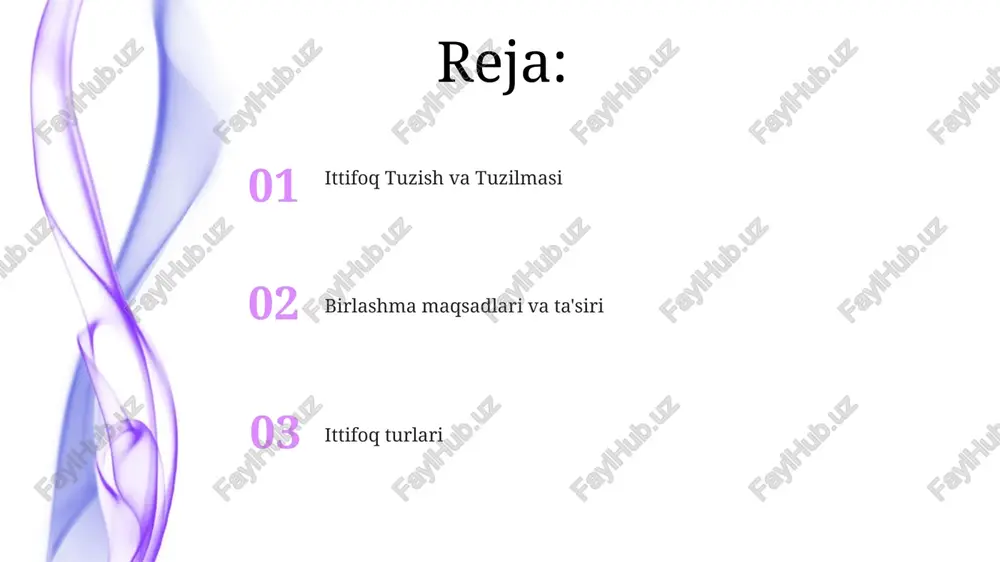 muzokara olib boradilar. jamoa shartnoma muzokaralari kasaba uyushmalari a'zolari nomidan ish beruvchilar bilan muzokaralar olib boradigan jarayon. kasaba uyushmalari umumiy maqsadlarga erishish uchun, masalan, yaxshiroq ish haqi va mehnat sharoitlarini yaxshilash uchun hamkorlik qilishi mumkin. mehnat harakati tarmoqlari tarmoqlar ittifoqlar o'rtasidagi aloqa va hamkorlikni osonlashtiradi. o'zaro munosabatlar birdamlik va jamoaviy muzokara kuchini kuchaytiradi. ittifoq o'zaro munosabatlar turlari federatsiyalar: mustaqil kasaba uyushmalari umumiy maqsadlar uchun birgalikda ishlaydi. konfederatsiyalar: ittifoqlar mustaqilligini saqlab qoladi, lekin kengroq masalalarda hamkorlik qiladi. e'tiboringiz uchun rahmat @taqdimot_robot image4.jpg image5.jpg image6.jpg image7.jpg image8.jpg image9.jpg image10.jpg image11.jpg image12.jpg image1.jpeg image2.jpeg image3.jpeg