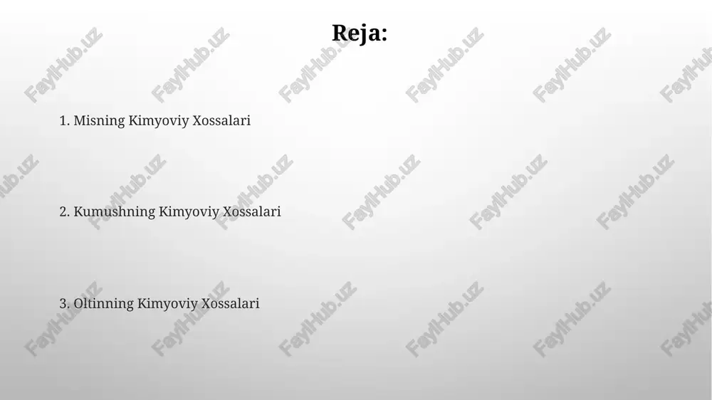 qatlamlari hosil bo'ladi. mis to'g'ri, mis kislorod bilan o'zaro ta'sirlashib mis oksidi hosil qiladi, kumush esa faqat yuqori haroratda kumush oksidi hosil qiladi. reaktivlik va barqarorlik mis: eng reaksiyaga kirishuvchan, osongina oksidlar va sulfidlar hosil qiladi, vaqt o'tishi bilan patina hosil qiladi. kumush: oltindan ko'ra faolroq, havodagi sulfid hosil bo'lishi tufayli qorayib ketadi. atrof-muhitga ta'sir oltinning kimyoviy xossalari: oltin korroziya va oksidlanishga juda chidamli, bu uni bardoshli va kimyoviy jihatdan inert metallga aylantiradi. kumush va mis oltindan kamroq korroziyaga chidamli va oksidlanish hamda qorayishga ko'proq moyil. komplekslarning hosil boʻlishi oltin yuqori elektrmanfiyligi tufayli oksidlanishga chidamli, kumush esa kamroq chidamli va mis oson oksidlanadi. oltin, kumush va mis turli ligandlar bilan, ko'pincha donativ kovalent bog'larni o'z ichiga olgan komplekslar hosil qiladi. kislotalar bilan reaksiyalar mis, konsentrlangan azot kislotasi (hno3) bilan reaksiyaga kirishib, mis (ii) nitrat, azot dioksid gazi va suv hosil qiladi. mis o'zgarishi: mis issiq, konsentrlangan sulfat kislota (h2so4) bilan …