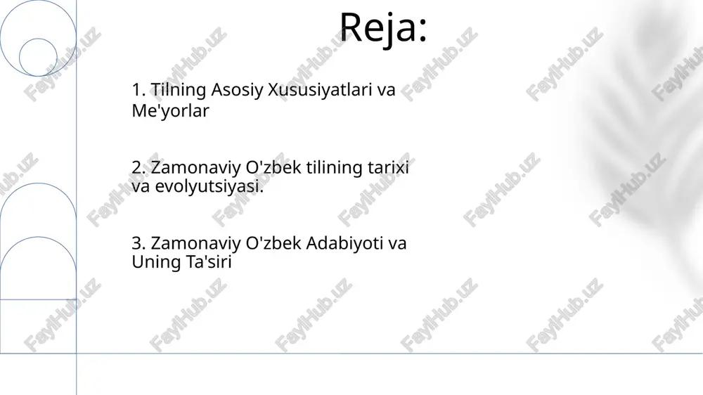 . sovet ideologiyasi mavzu va hikoyalarni shakllantirdi, sotsialistik realizm va kollektivizmni targ'ib qildi. 7. o'zbek adabiyotidagi asosiy shaxslar va harakatlar hozirgi oʻzbek adabiy ti: 20-asrda ferghana shevasi asosida rivojlangan. adabiy me'yorlar: rus va turk tillaridan ta'sirlangan standart grammatika va imlo. 8. o'zbek tilining ta'lim va ommaviy axborot vositalarida qo'llanilishi zamonaviy o'zbek adabiy tili yozuvda aniqlik va bir xillikni ta'minlash uchun standartlashtirilgan me'yorlar va grammatik qoidalarga amal qiladi. o'zbek maktablari va universitetlarida o'qitishning asosiy tili o'zbek tili bo'lib, rus tili ikkinchi darajali rol o'ynaydi. 9. til rejalashtirish va til tozaligi. hozirgi o'zbek adabiy tili qaraqalpaq shevasi asosida shakllangan va turk tilidan olingan elementlarni o'z ichiga olgan ongli standartlashtirish harakatlarining natijasi. til tozalig'i tilni boshqa tillardan kelgan "ifloslanish" dan himoya qilishga qaratilgan bo'lib, ba'zan qarz olishni cheklashga olib keladi. 10. adabiy til uchun qiyinchiliklar va imkoniyatlar an'anaviy adabiy shakllarni saqlab qolish bilan birga zamonaviy ifodaga moslashtirish. o'zbek adabiyotini butun dunyoga targ'ib qilish …