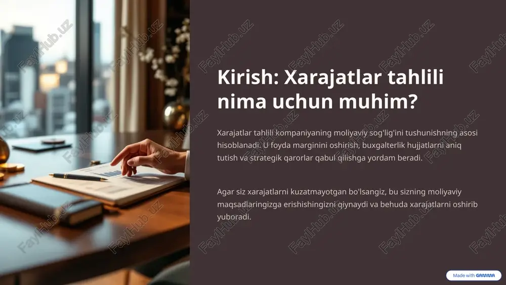 jatlarini aniq hisoblash uchun dastlabki ma'lumotlarni tuzing 6 xarajatlarni optimallashtirish usullari va afzalliklari asosiy strategiyalar: raqobat tahlili: yetkazuvchilar o'rtasida taqqoslash qayta ko'rikdan o'tkazish: naqd pul tejashning yangi yo'llarini topish ish oqimini yaxshilash: behusa jarayonlarni yo'q qilish delegatsiya: xarajatlarni to'g'ri bo'limga tayinlash natija: 15-30% xarajat qisqartirish mumkin 7 xarajatlar tahlili vositalari va texnikalari excel/google sheets oddiy va kuchli vosita xarajatlarni trek qilish va tahlil qilish uchun buxgalterlik dasturlari quickbooks, 1c yoki boshqa erp tizimlar murakkab xarajatlarni boshqarish uchun tahlil varaqalari abc tahlili, pareto diagrammasi va break-even nuqtalari hisoblash 8 amaliy misollar: tahlilni biznesda qo'llash misol: kichik chakana do'kon xarajatlarini boshqarish do'kon ijarasi 5,000,000 35% tovar sotib olish 7,000,000 49% ish haqi 1,500,000 10% boshqalar 500,000 6% tahlil: tovar xarajatlari eng katta hissa. yetkazuvchilarga raqobat qilish orqali 5-10% tejash mumkin. 9 xulosa va asosiy tavsiyalar doimiy kuzatish xarajatlarni har hafta yoki har oy tahlil qiling budjet yaratish realistik budjet qabul qiling va …