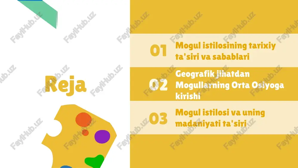 eografik jihatdan muhim o'rin tutadi. o'rta osiyo, sharq va g'arb o'rtasidagi savdo yo'llarining kesishgan nuqtasida joylashgan bo'lib, bu mintaqa ko'plab madaniyatlar va iqtisodiy aloqalar uchun asos bo'lgan. mogullarning harbiy strategiyalari, masalan, kuchli harbiy tuzilmalar va tezkor harakatlar orqali dushmanlarni mag'lub etish taktikasi, ularning muvaffaqiyatini ta'minlagan. oltin yo'l orqali savdo yo'nalishlari, shuningdek, mintaqada kuchli ta'sir o'rnatish uchun imkoniyat yaratgan. ushbu ma'lumotlar bilan birga, tarixiy xaritalar va diagrammalar ham ko'rsatiladi, bu esa mavzuni yanada chuqurroq tushunishga yordam beradi. geografik jihatdan mogullarning orta osiyoga kirishi photo by agence olloweb on unsplash mogullarning mintaqaga ta'siri iqtisodiy ta'sir: savdo va moliya mogullarning istilosi mintaqadagi iqtisodiy hayotni tubdan o'zgartirdi. ular savdo yo'llarini ochdi va moliya tizimini rivojlantirdi. ipak yo'li orqali mintaqaviy savdo o'sdi, savdo hajmi 13-asrda 25 foizga ko'tarildi, bu esa iqtisodiy barqarorlikka olib keldi. ijtimoiy ta'sir: madaniyat va din mogullar madaniyat va din sohasida ham katta ta'sir ko'rsatdilar. ular islom va buddizm o'rtasida muloqotni kuchaytirdilar. …