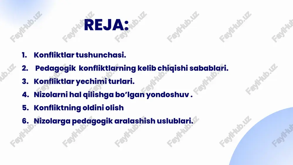 huv mavjud: birinchisi — majud ilg‘or pedagogik tajribalarni to‘plash; ikkinchisi — nizolar rivojlanishi qonuniyatlari haqidagi bilimlarini va ularni oldini olish, bartaraf qilish usullarini egallash; (ancha qiyin yo‘l, ammo ancha samarali, chunki turli nizolar barchasiga bartaraf qilish yo‘llarini ko‘rsatish mumkin emas). psixologiyadagi mavjud 4 ta temperamentni pedagog yaxshi bilishi zarur, chunki anashu tushunchalar ta’lim tizimidagi pedagogik ziddiyatlarni oldini olishning asosiy omilidir. konflikt inson hayotining tabiiy ajralmas qismi bo‘lib, konfliktlar mazmunini bilish insonni konfliktli vaziyatlarda o‘zini tutish tartib-qoidalariga o‘rgatadi. konflikt mazmunining murakkab kelib chiqish vaziyatlarini anglash esa insonni ana shunday bilimlar bilan qurollantiradi konfliktning oldini olish uchun quyidagi amallarga rioya etish ahamiyat kasb eta boshlaydi: ➢ konfliktga olib kelishi mumkin bo‘lgan so‘zlar, amallar yoki harakatlardan iborat bo‘lgan konfliktli vaziyat va holatlardan o‘zini, atrofidagilarni asrash, konfliktogenlarga e’tiborli bo‘lish; ➢ konfliktogenlar ko‘payib, ularning majmuaga aylanishini oldini ola bilish, konfliktogenlar eskalatsiyasiga yo‘l qo‘ymaslik; ➢ konfliktogenlarga konfliktogen bilan javob qaytarmaslik; konfliktning oldini olish uchun quyidagi amallarga …